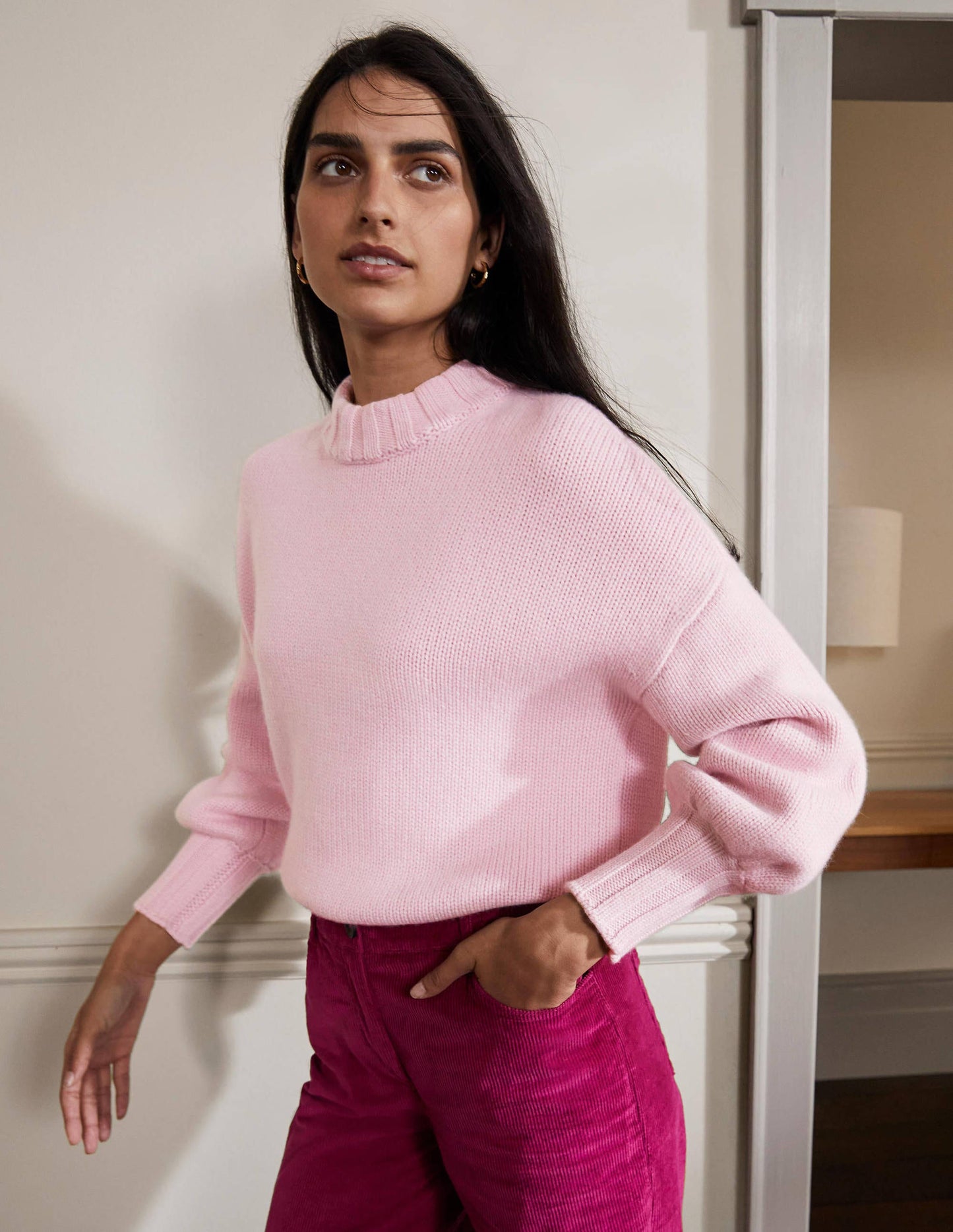Grobstrickpullover aus Kaschmir-Rosa, Diamantenmuster
