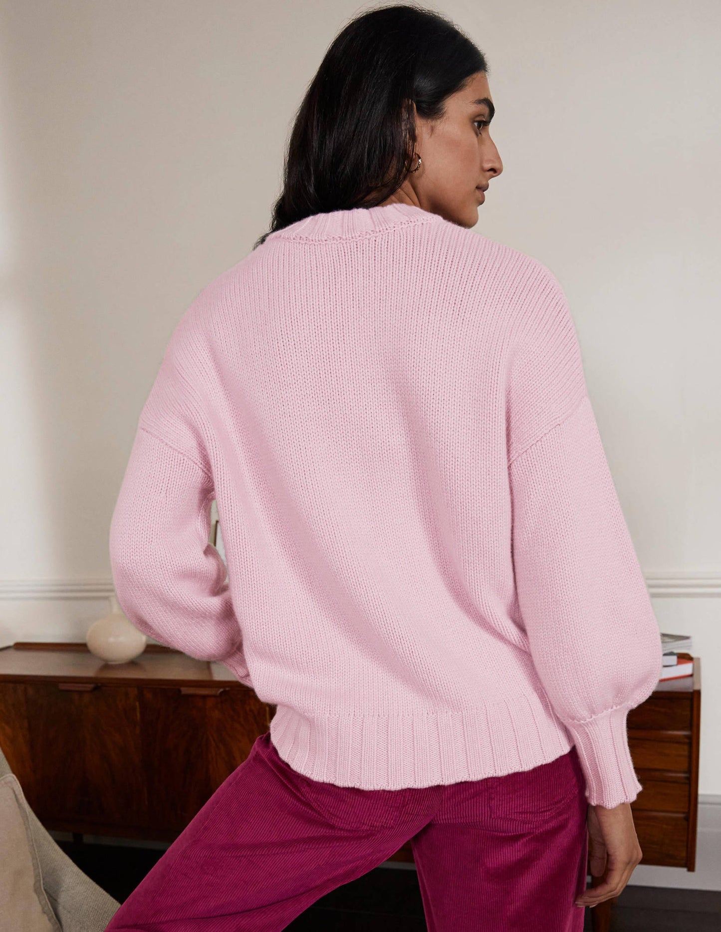 Grobstrickpullover aus Kaschmir-Rosa, Diamantenmuster