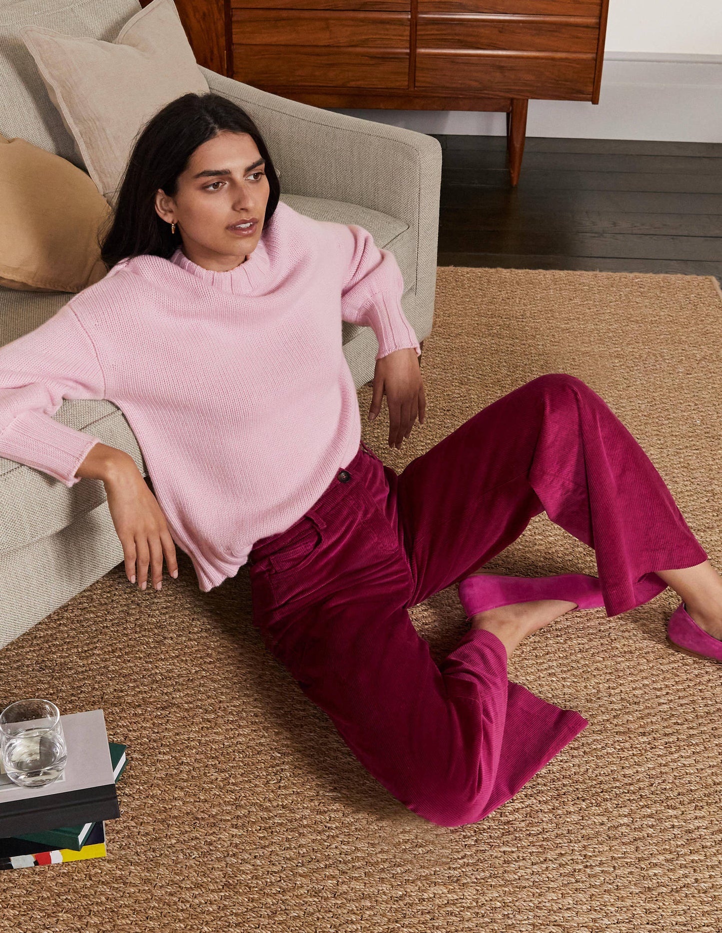 Grobstrickpullover aus Kaschmir-Rosa, Diamantenmuster
