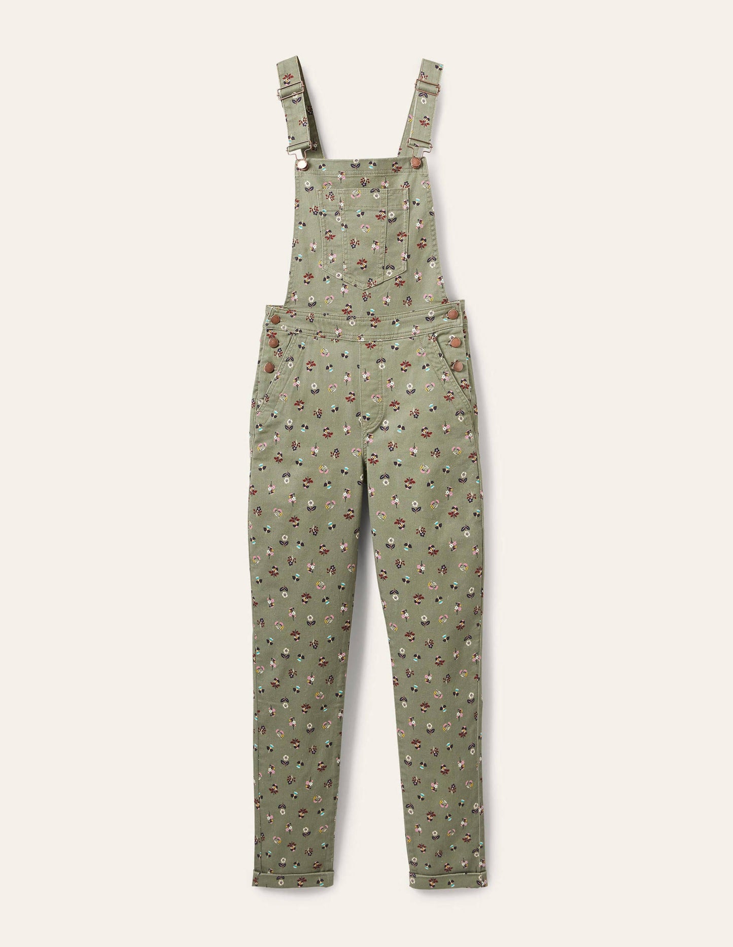 Girlfriend-Latzhose-Blasses Khaki, Filigranes Blumenmuster