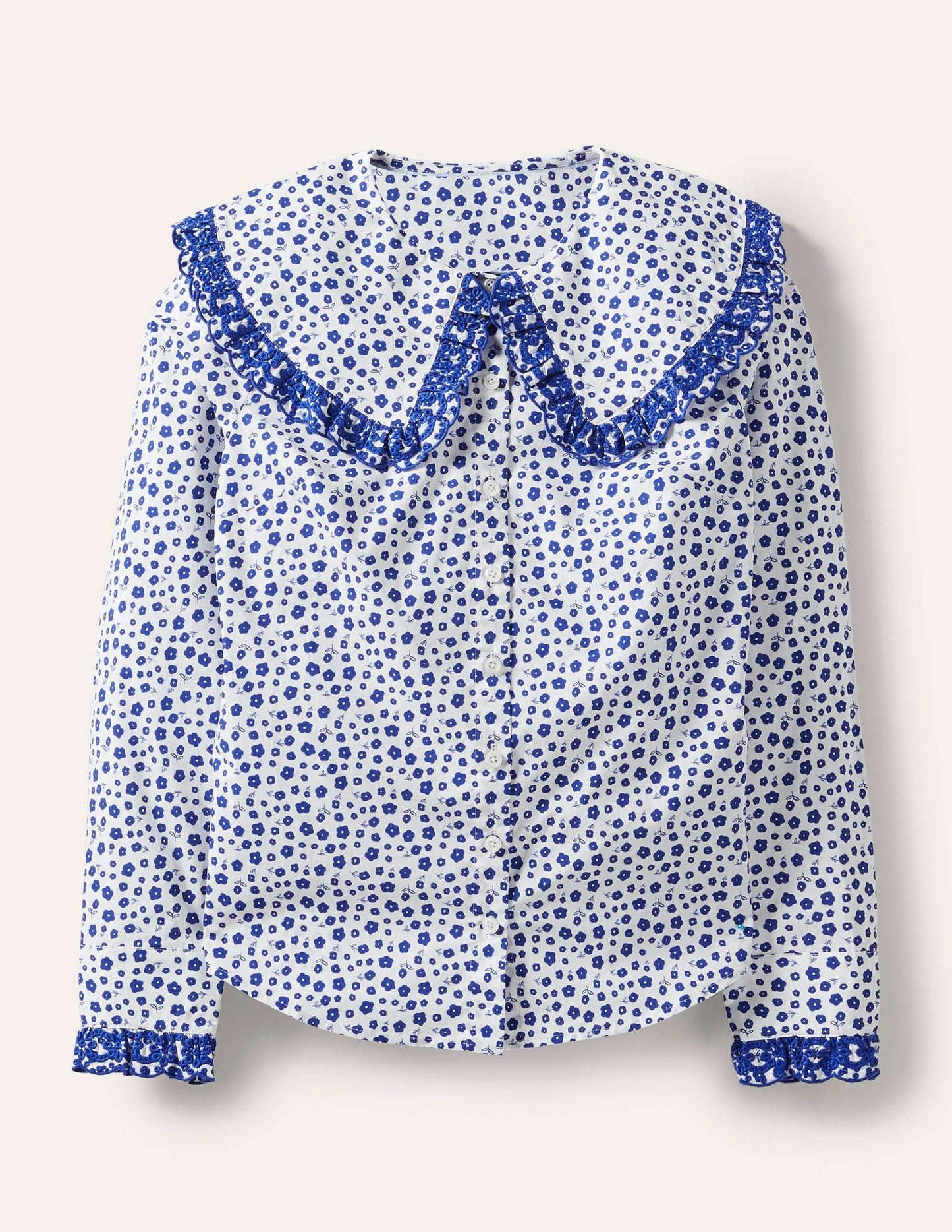 Statement Collar Cotton Shirt-Ivory, Ditsy Daisy