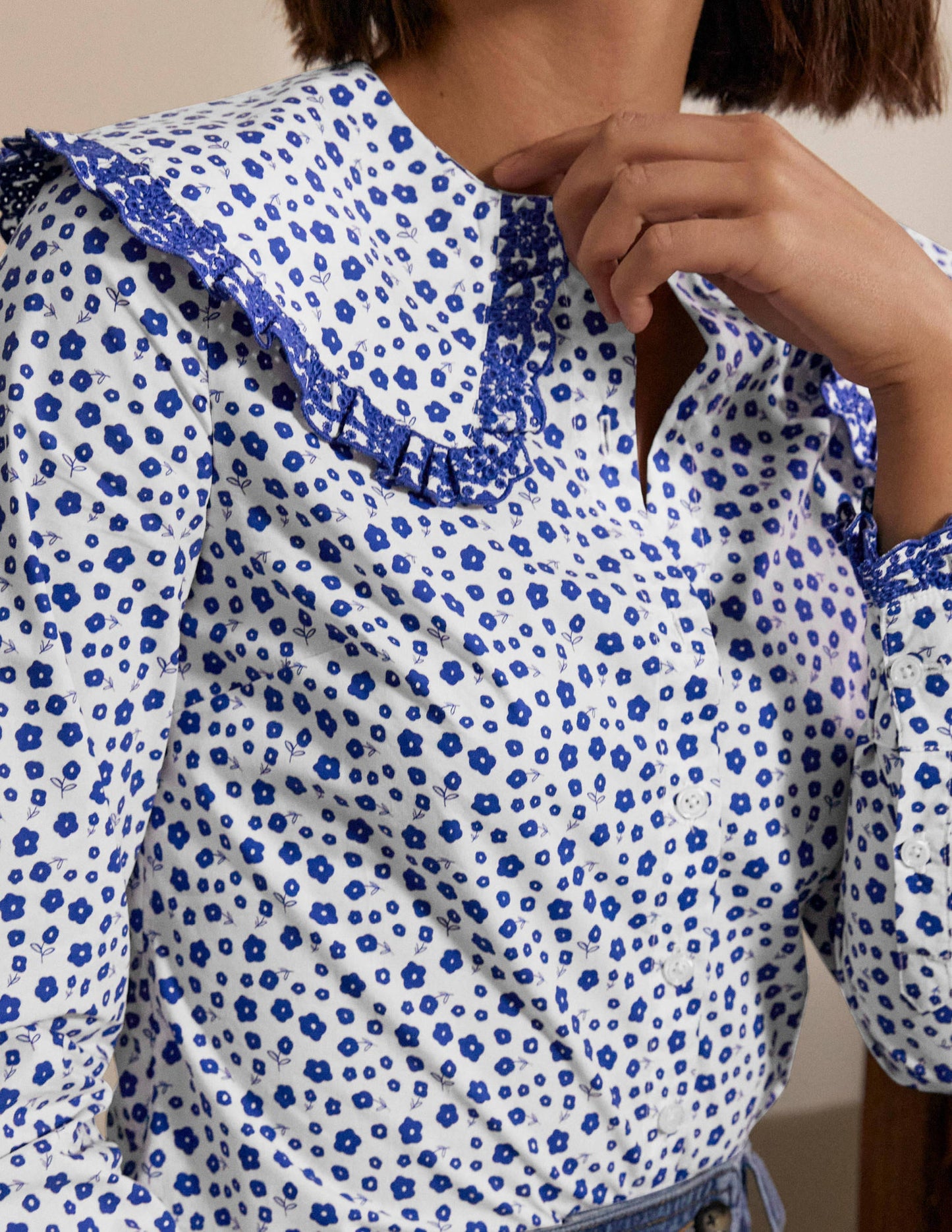 Statement Collar Cotton Shirt-Ivory, Ditsy Daisy