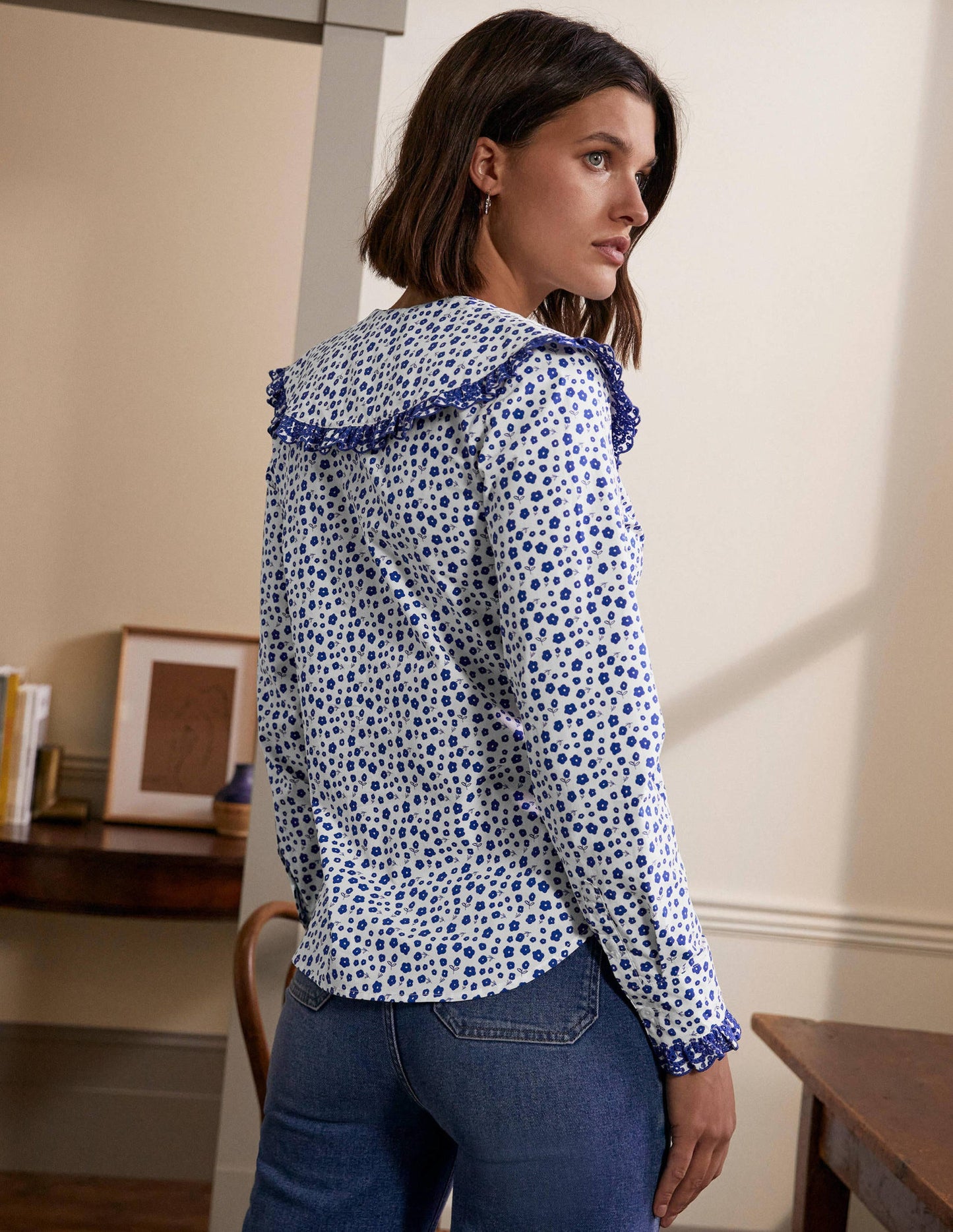 Statement Collar Cotton Shirt-Ivory, Ditsy Daisy