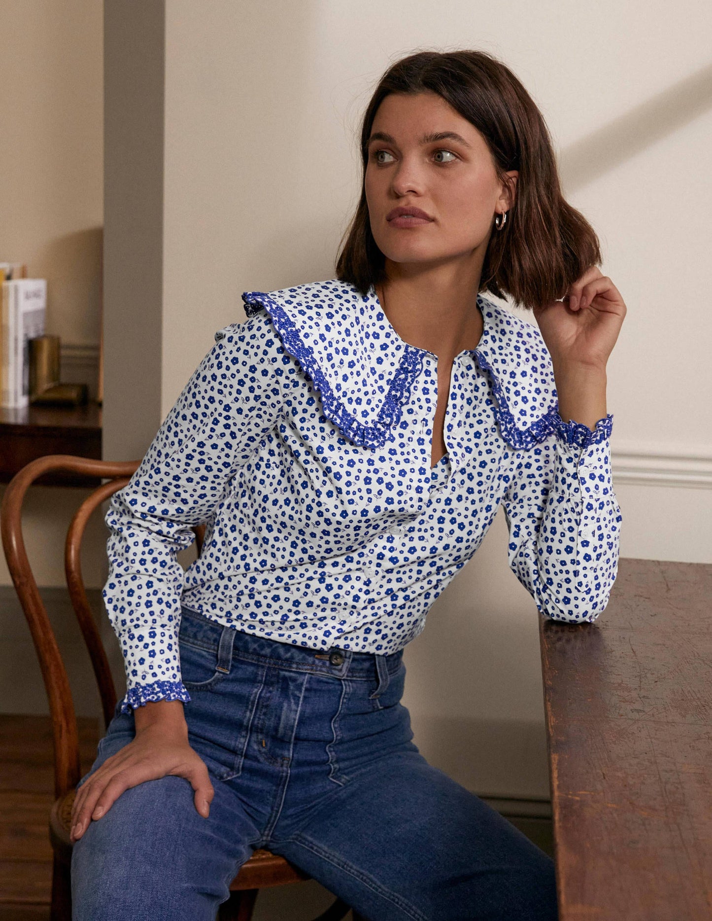 Statement Collar Cotton Shirt-Ivory, Ditsy Daisy