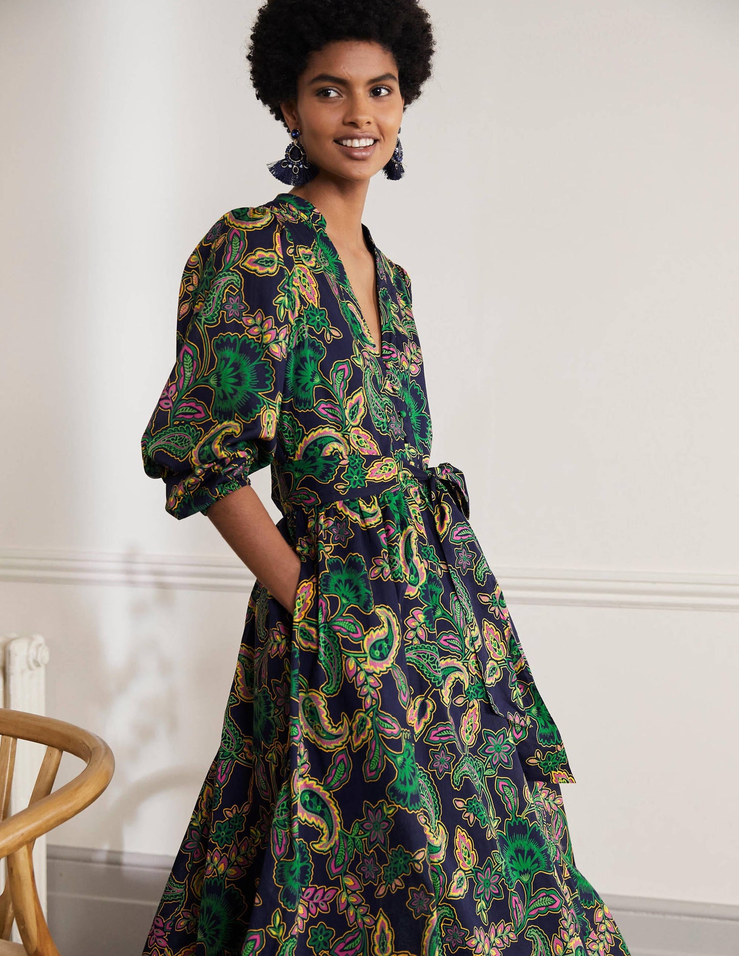 Notch Neck Cotton Maxi Dress-Navy, Exotic Floral