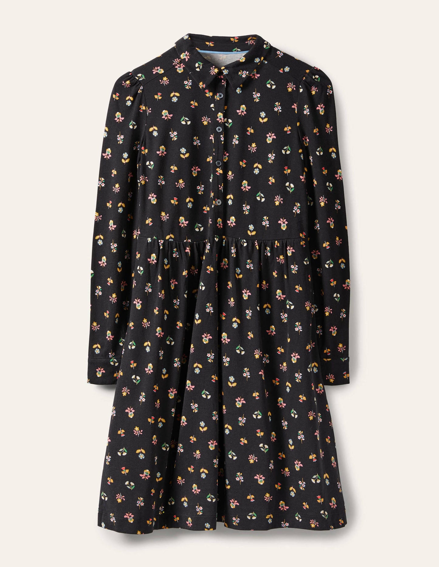 Alma Hemdblusenkleid aus Jersey-Schwarz, Filigranes Blumenmuster