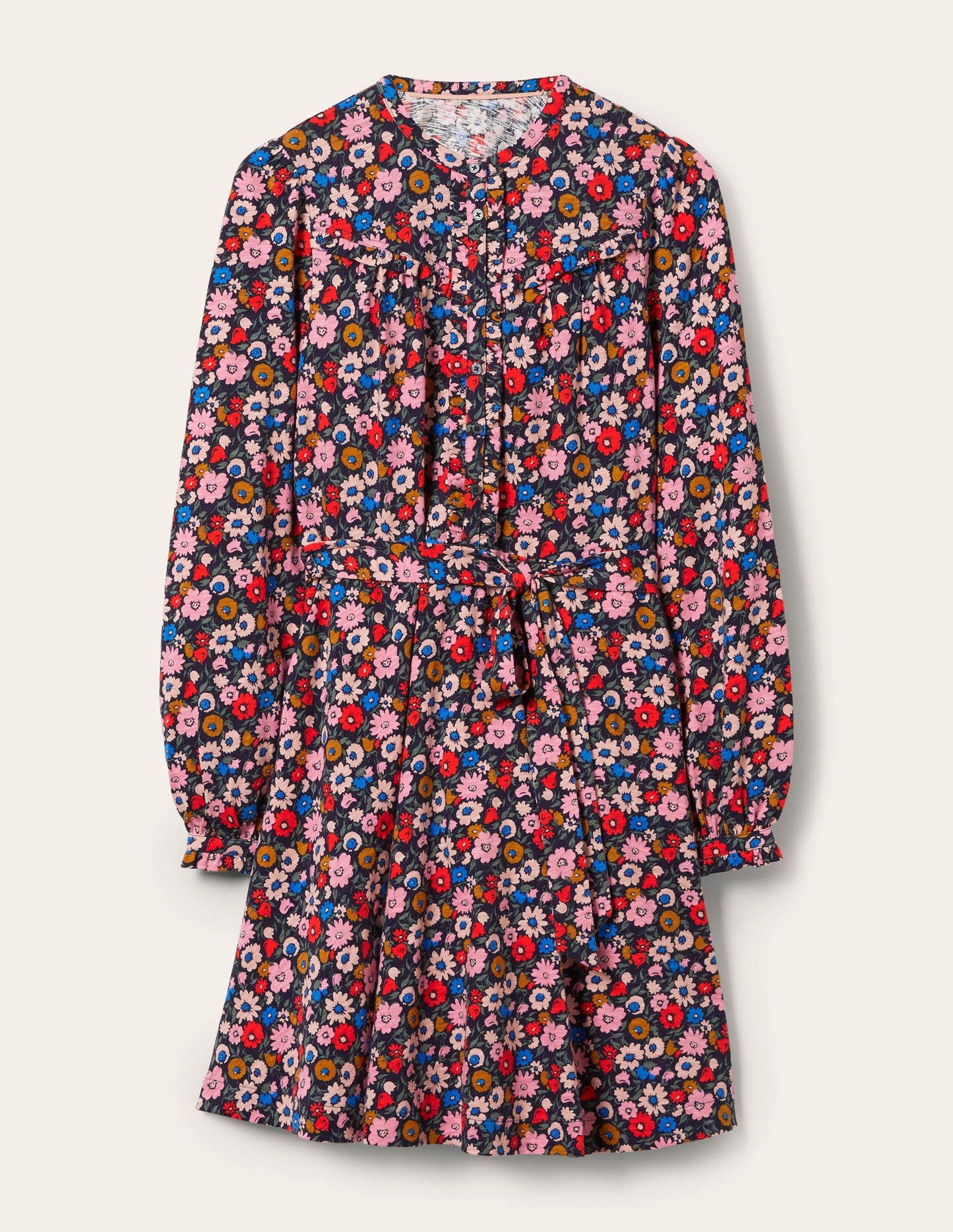 Minikleid mit Knopfleiste und Rüschen-Französisches Navy, Elegante Blüten