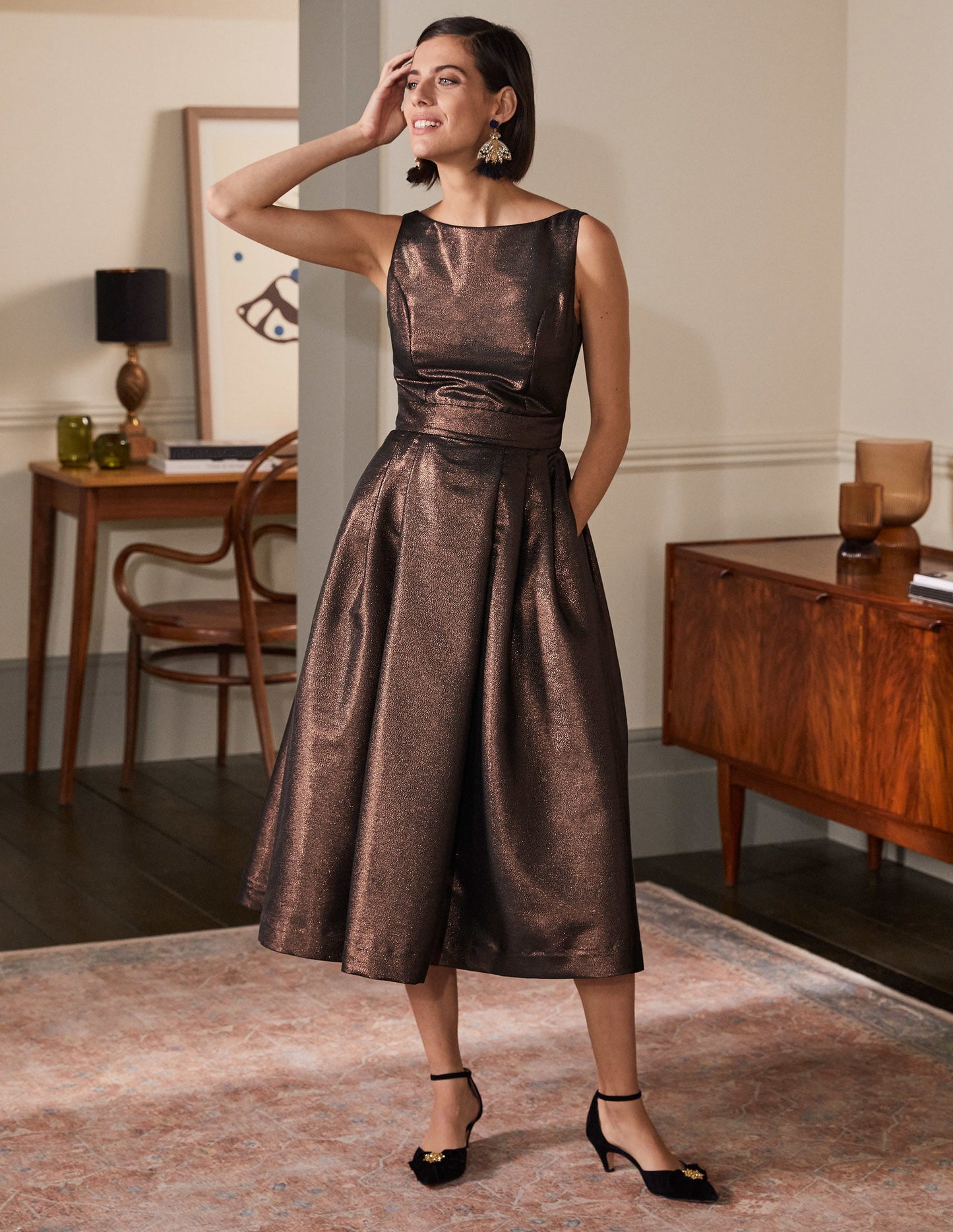 Tailliertes Kleid mit ausgestellter Passform und Rundausschnitt-Bronze, Lurex