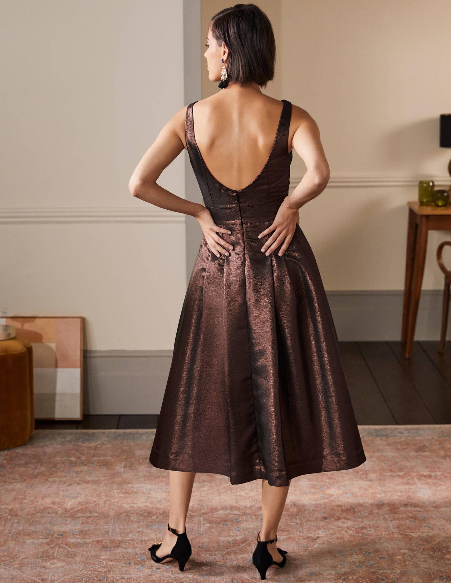 Tailliertes Kleid mit ausgestellter Passform und Rundausschnitt-Bronze, Lurex