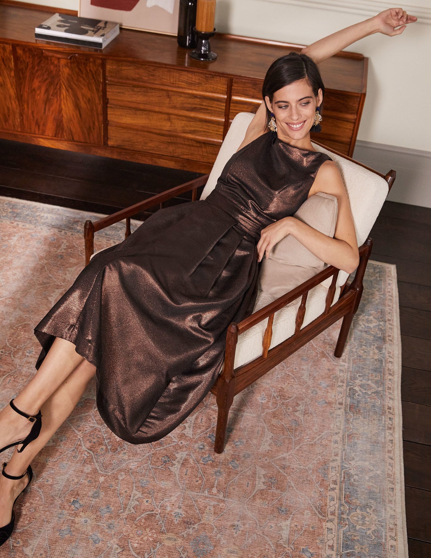 Tailliertes Kleid mit ausgestellter Passform und Rundausschnitt-Bronze, Lurex