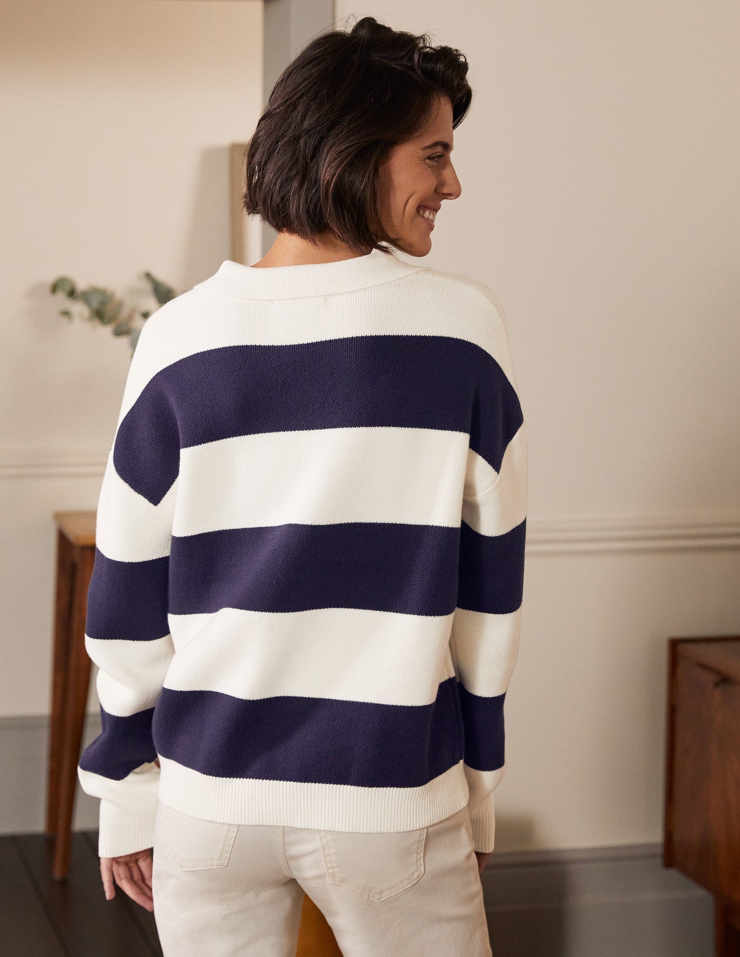 Gestreifter Rugby-Strickpullover-Naturweiß/Navy, Gestreift