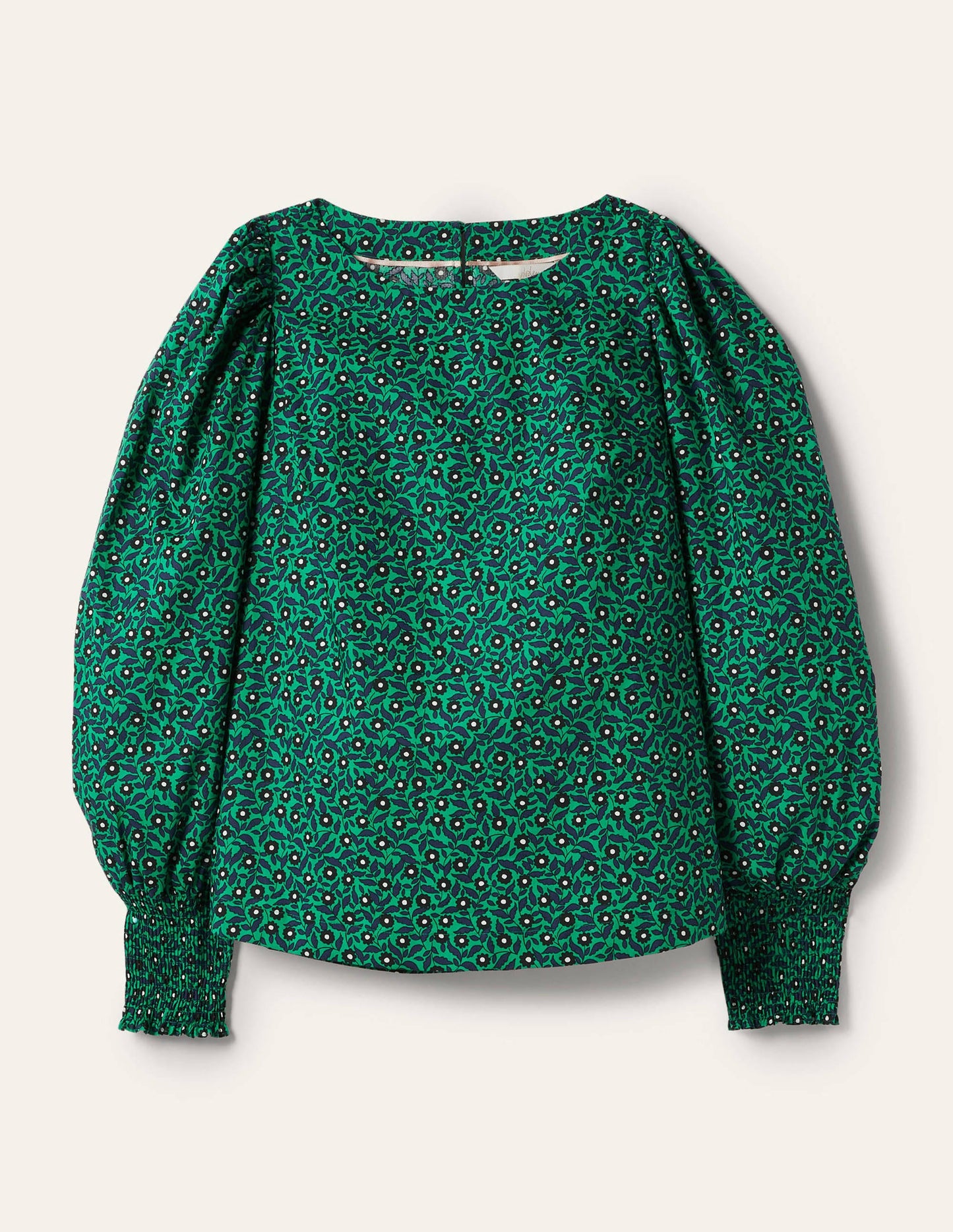 Smocked Cuff Cotton Top-Highland Green, Rambling Ditsy
