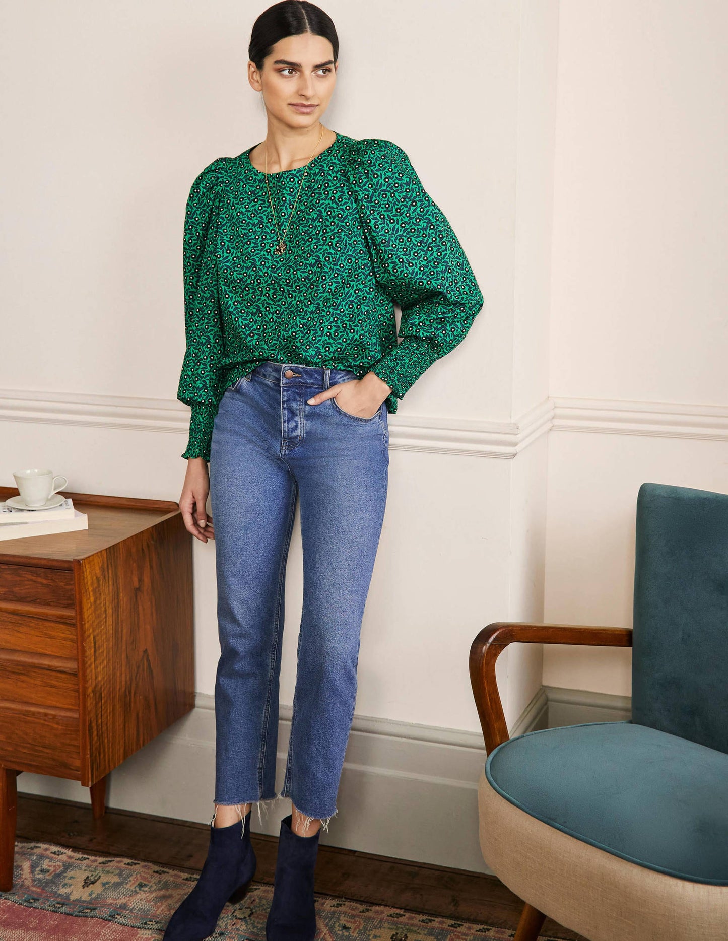 Smocked Cuff Cotton Top-Highland Green, Rambling Ditsy
