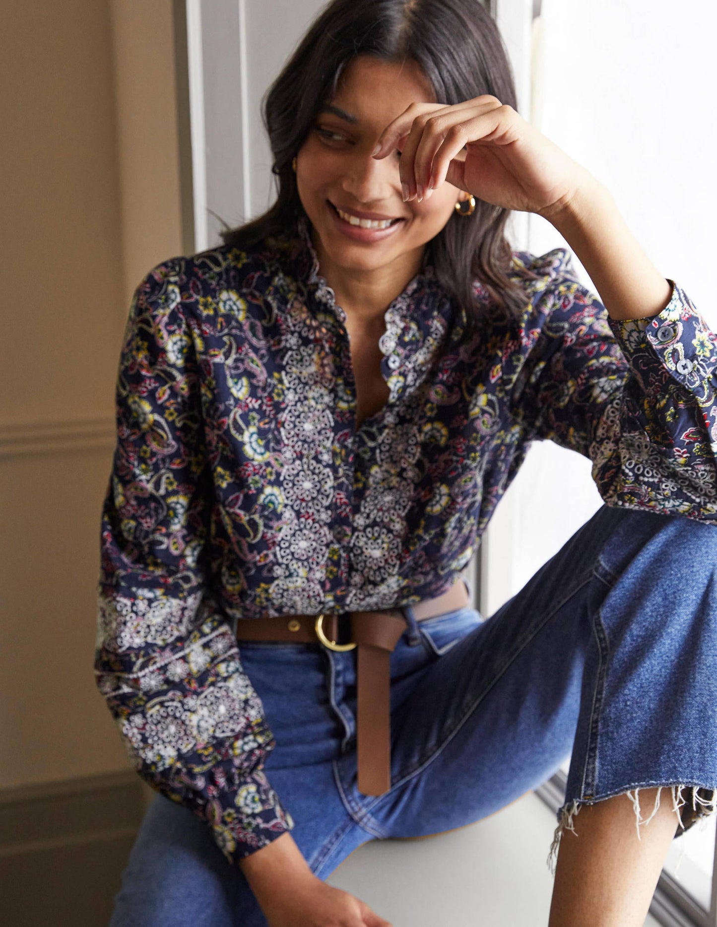 Broderie Cotton Blouse-French Navy, Exotic Floral