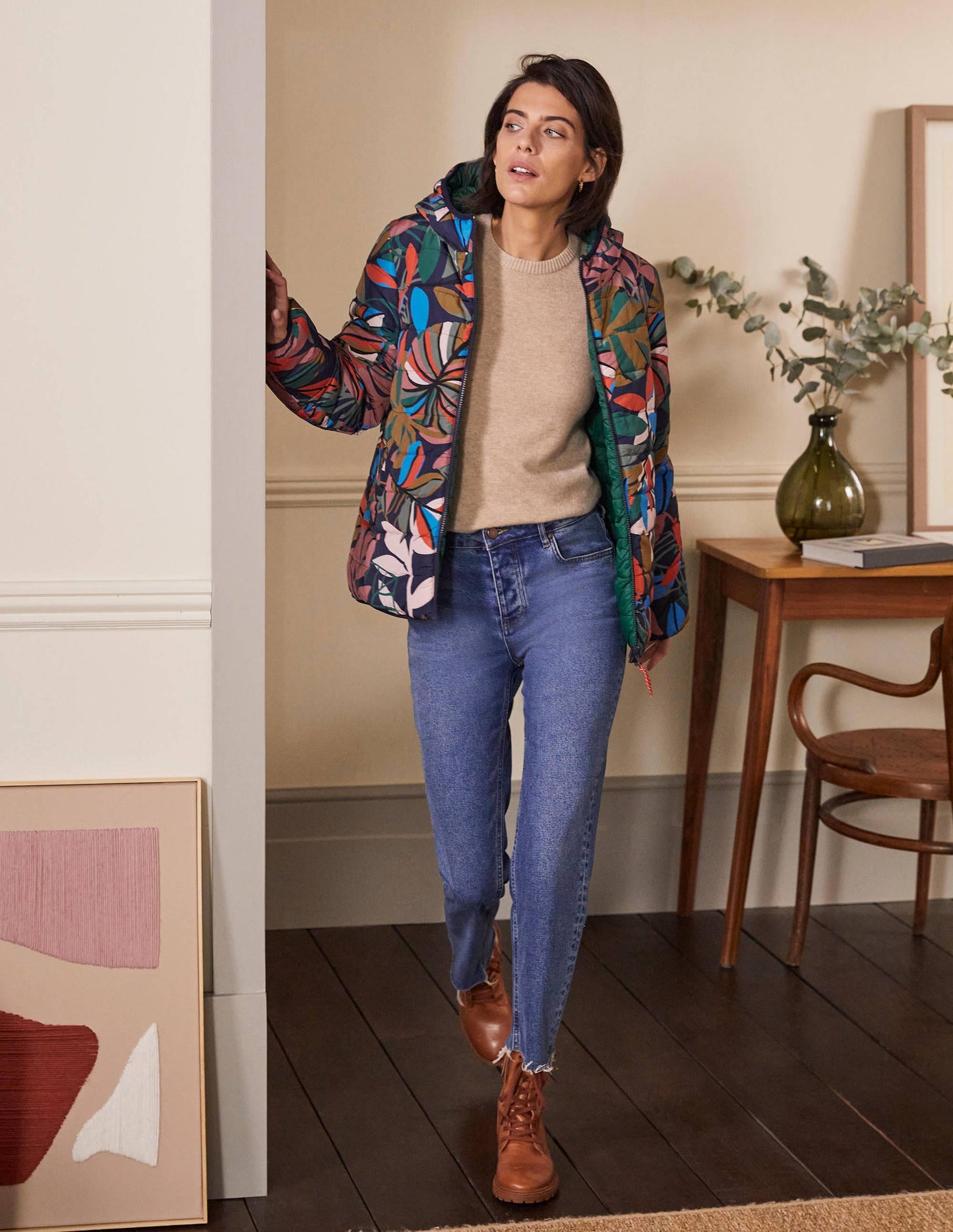 Wendbare Steppjacke-Navy, Tropische Palmen