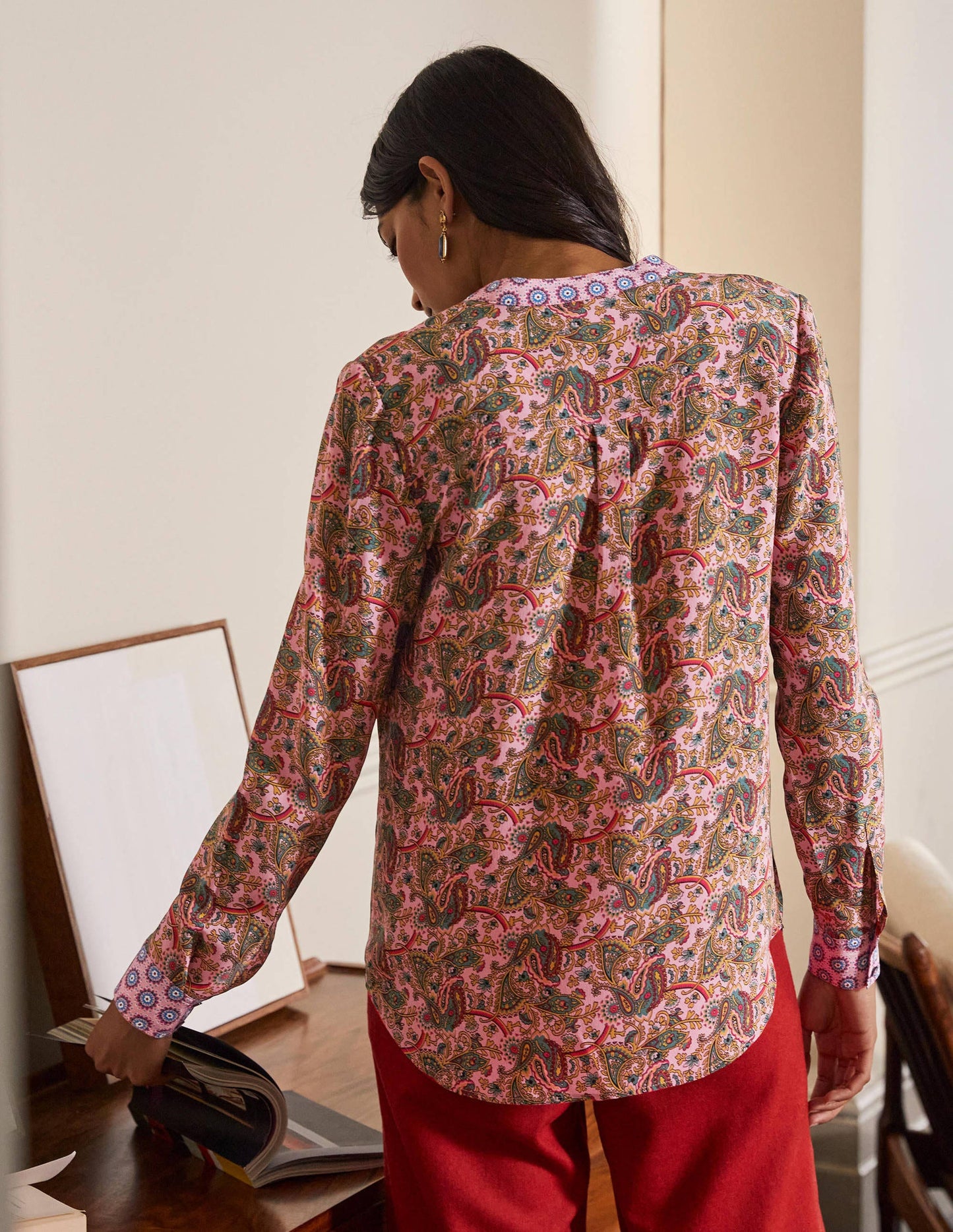 Blouse sans col en soie-Rose formica