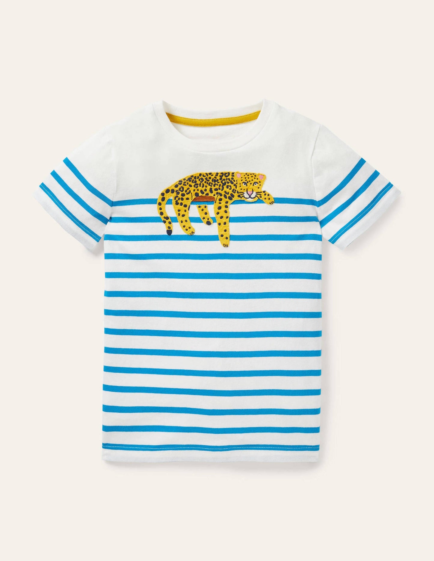Breton-T-Shirt mit Tierapplikation-Malibu-Blau/Naturweiß, Leopard