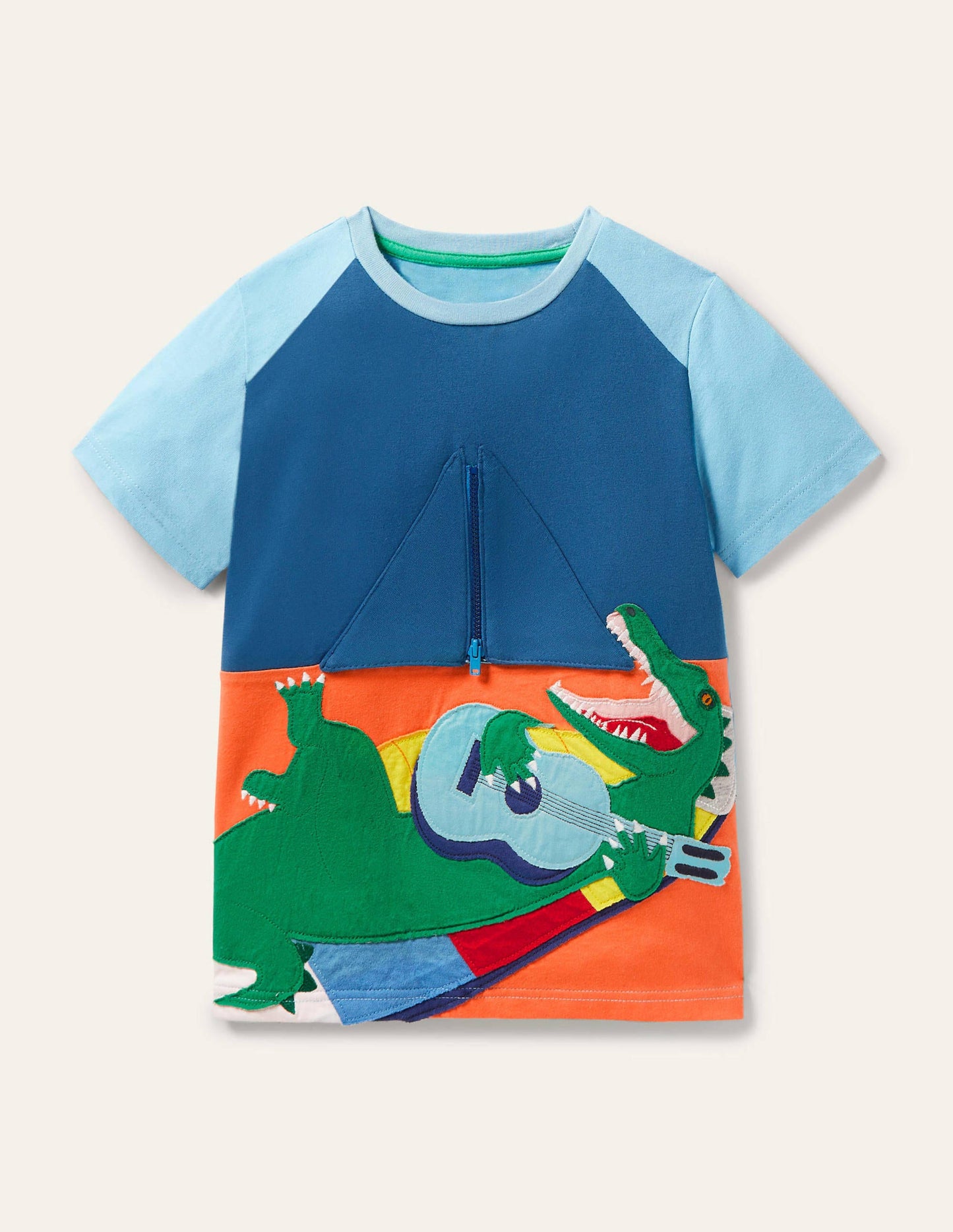T-Shirt mit Abenteuermotiv und Reißverschluss-Wasserblau, Campendes Krokodil