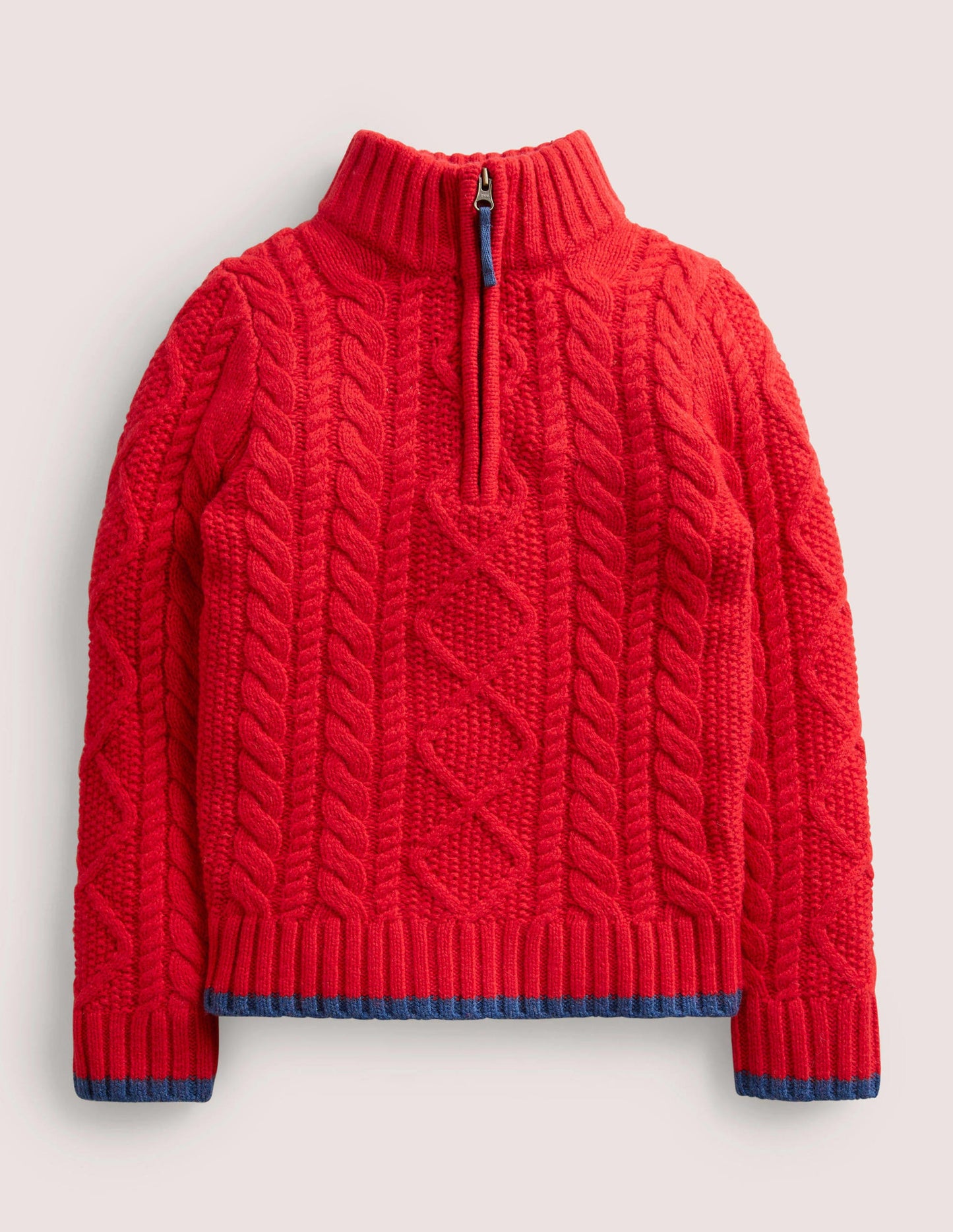 Zopfstrickpullover mit halbem Reißverschluss-Rockabilly-Rot, Zopfmuster