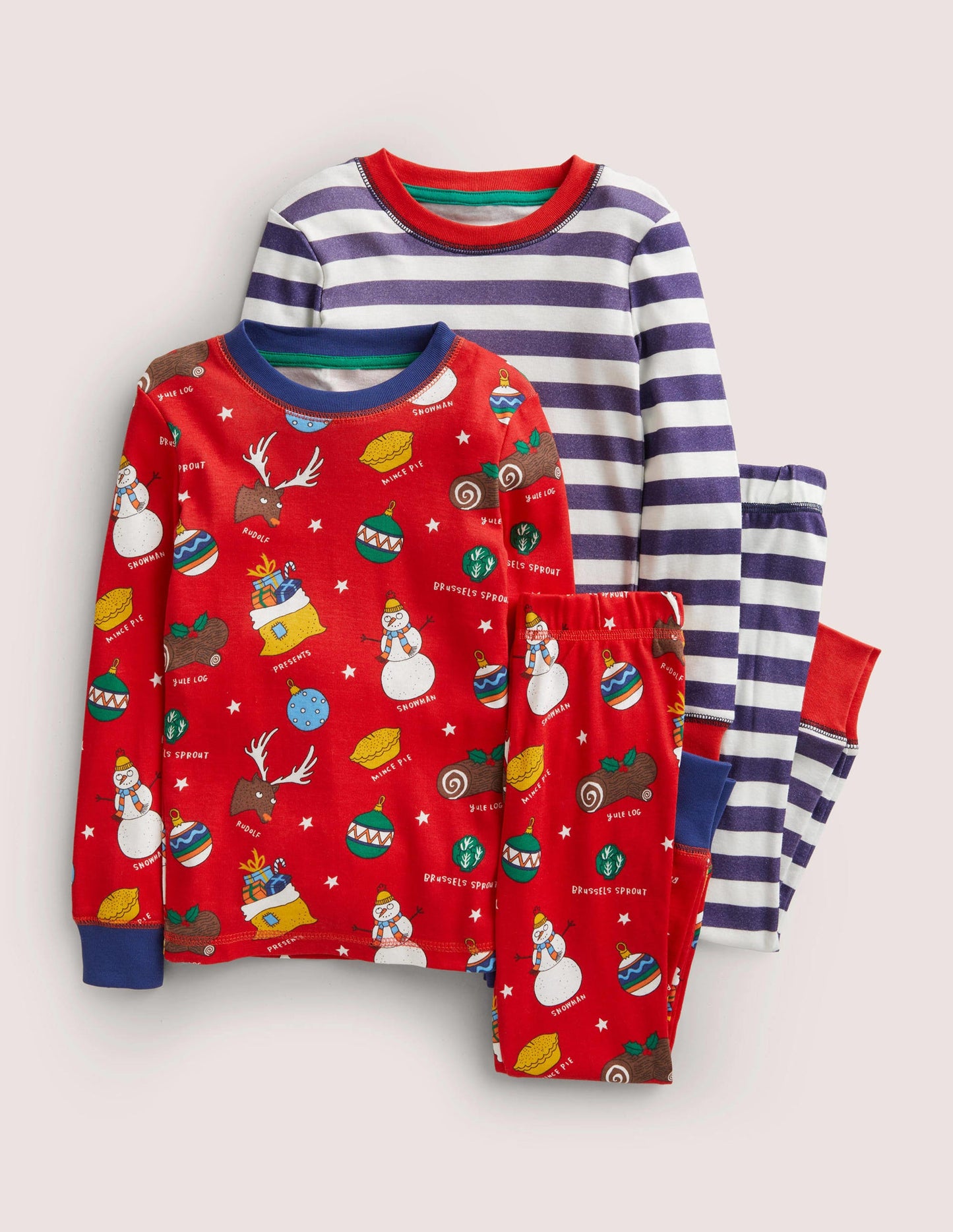 Langer Schlafanzug mit anliegender Passform im 2er-Pack-Rockabilly-Rot, Weihnachtsmotiv