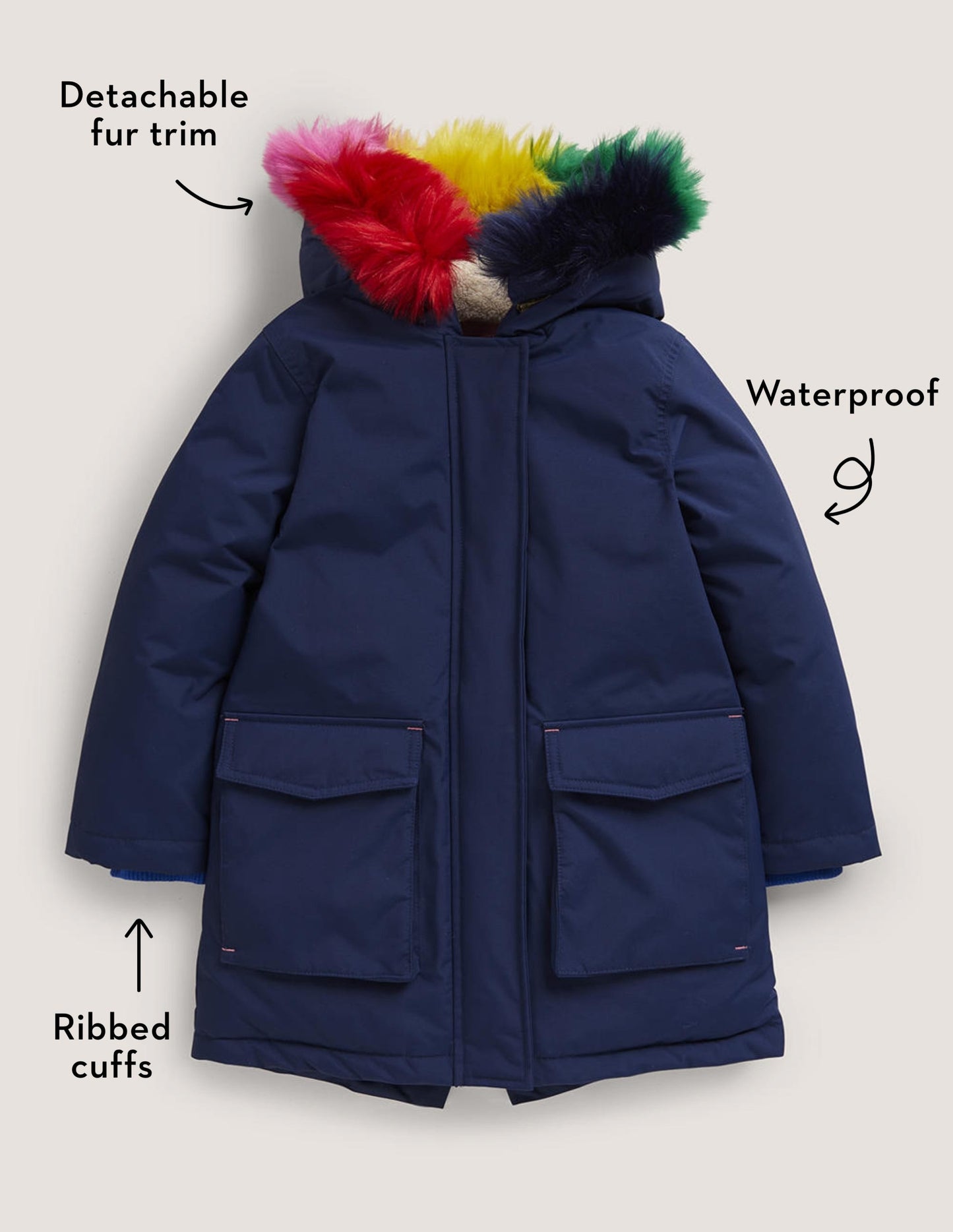 Navy Rainbow Hooded Waterproof Parka-Schuluniform-Navy