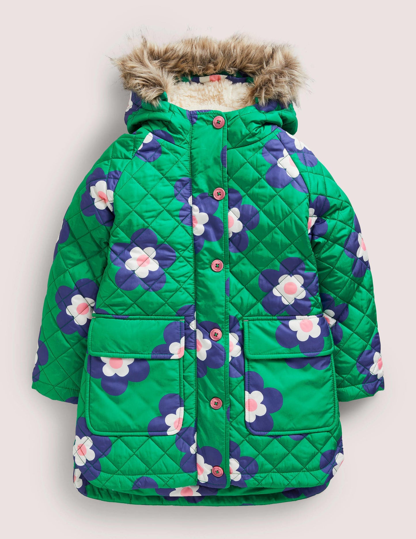 Green Floral Longline Quilted Jacket-Grün, Geometrisches Gänseblümchenmuster