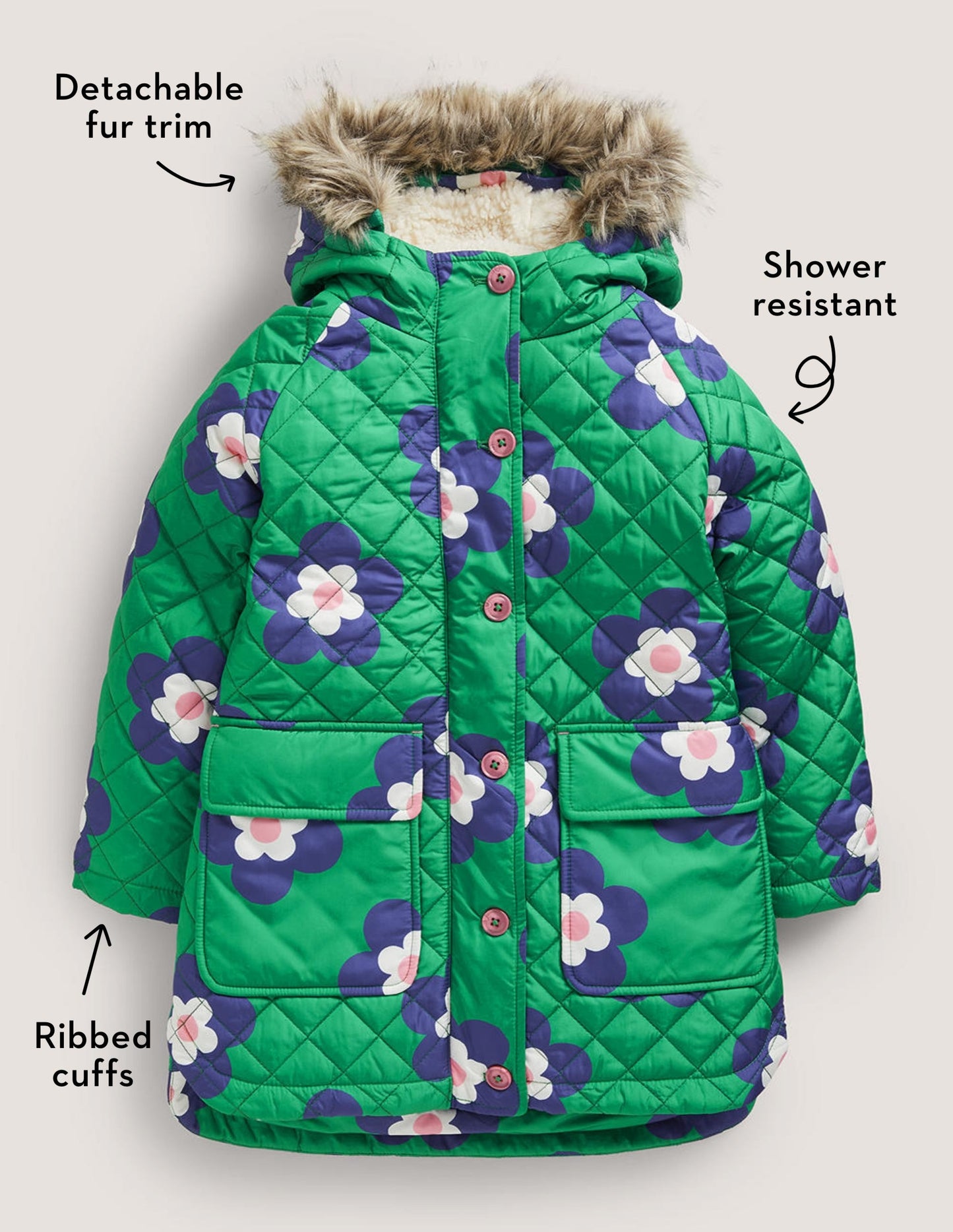 Green Floral Longline Quilted Jacket-Grün, Geometrisches Gänseblümchenmuster