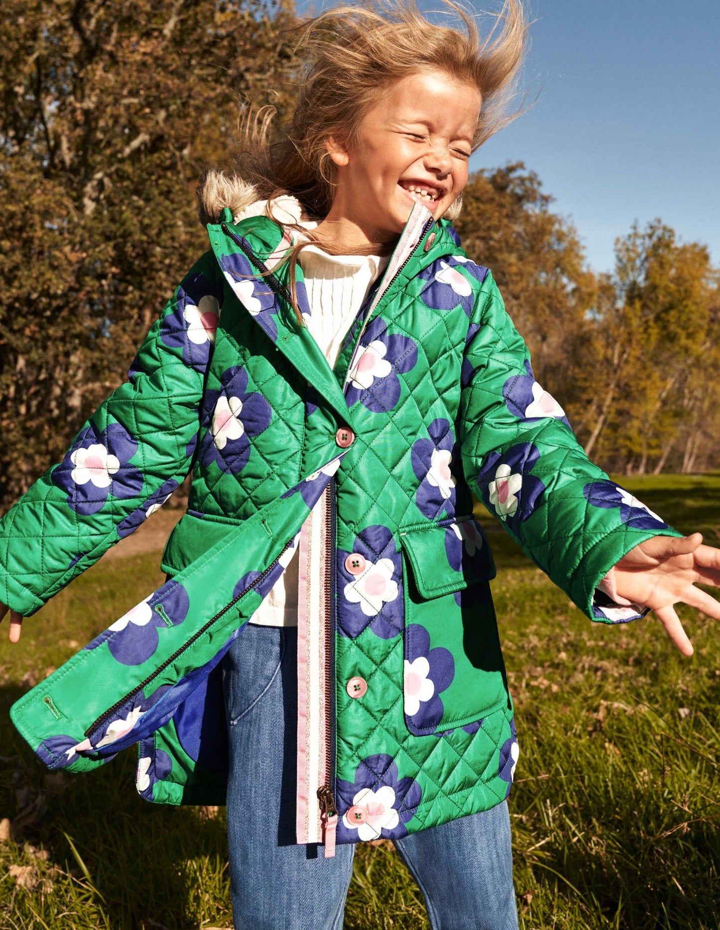 Green Floral Longline Quilted Jacket-Grün, Geometrisches Gänseblümchenmuster