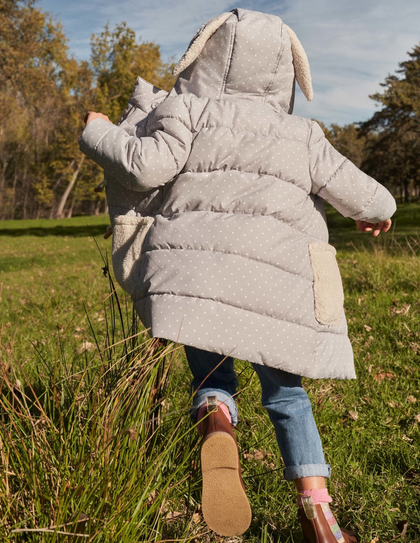 Grey Dotted Bunny Hood Longline Puffer Jacket-Schiefergrau, Pünktchen/Häschen