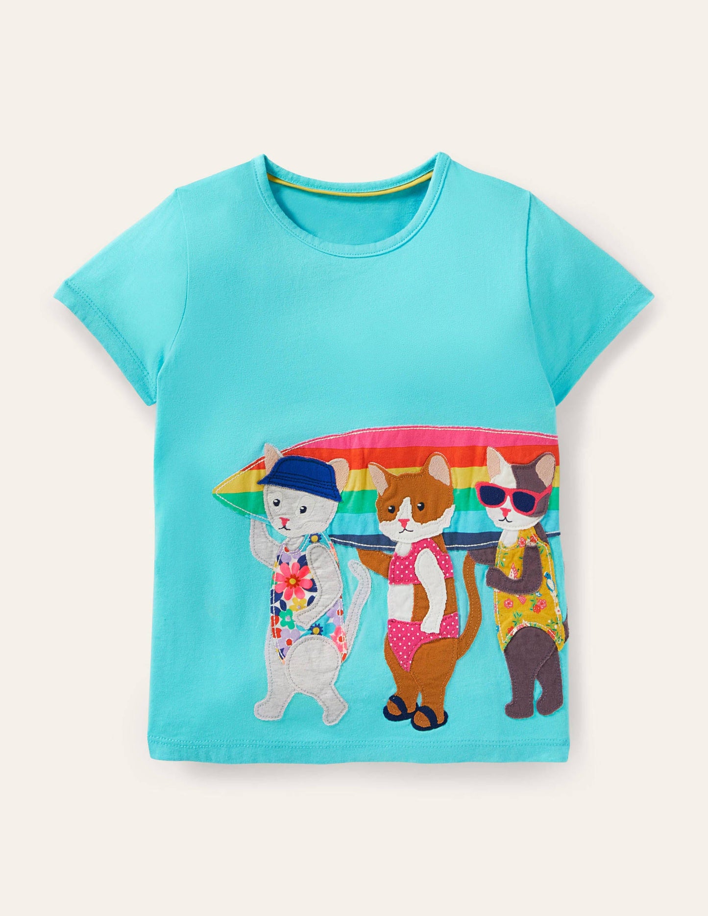 Kurzärmliges T-Shirt mit Applikation-Türkis, Surfende Katzen
