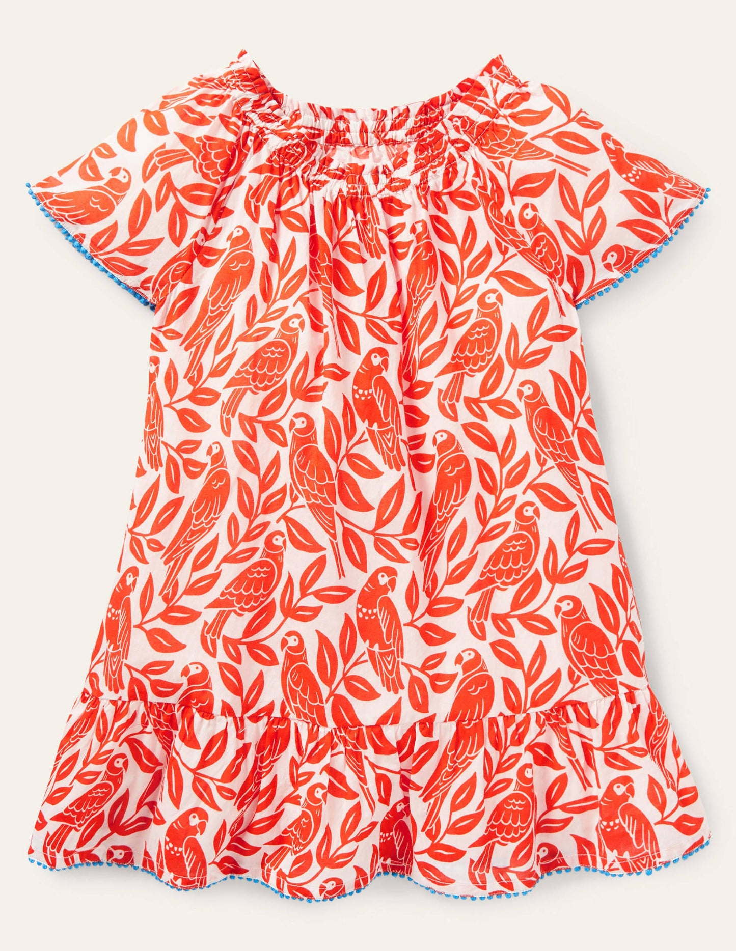 Caftan imprimé à smocks-Perroquet rouge pastèque