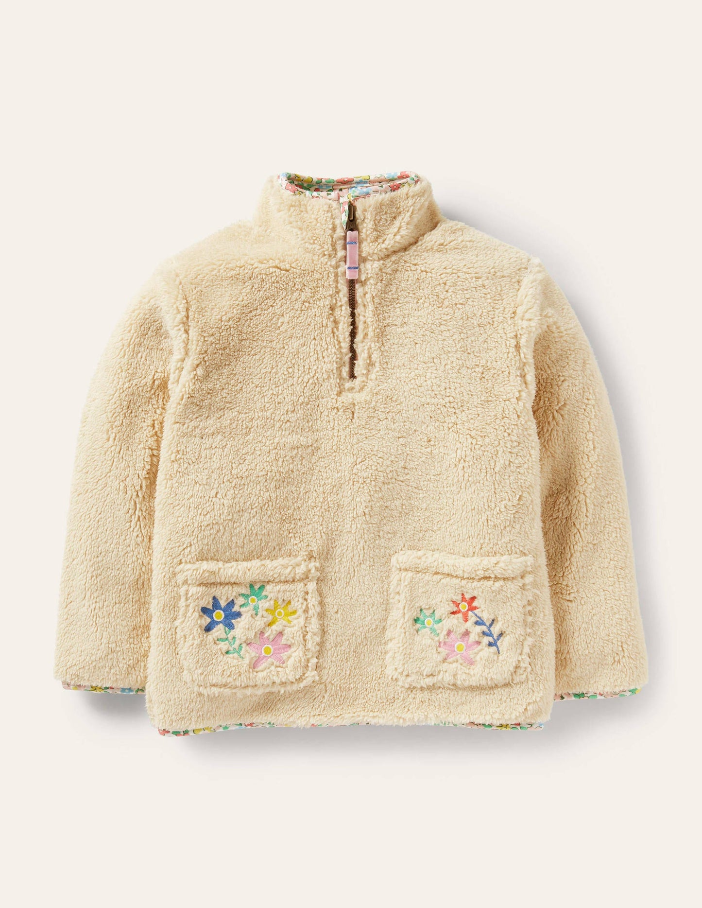 Teddy-Sweatshirt mit halbem Reißverschluss-Hellbeige, Pferdestickerei
