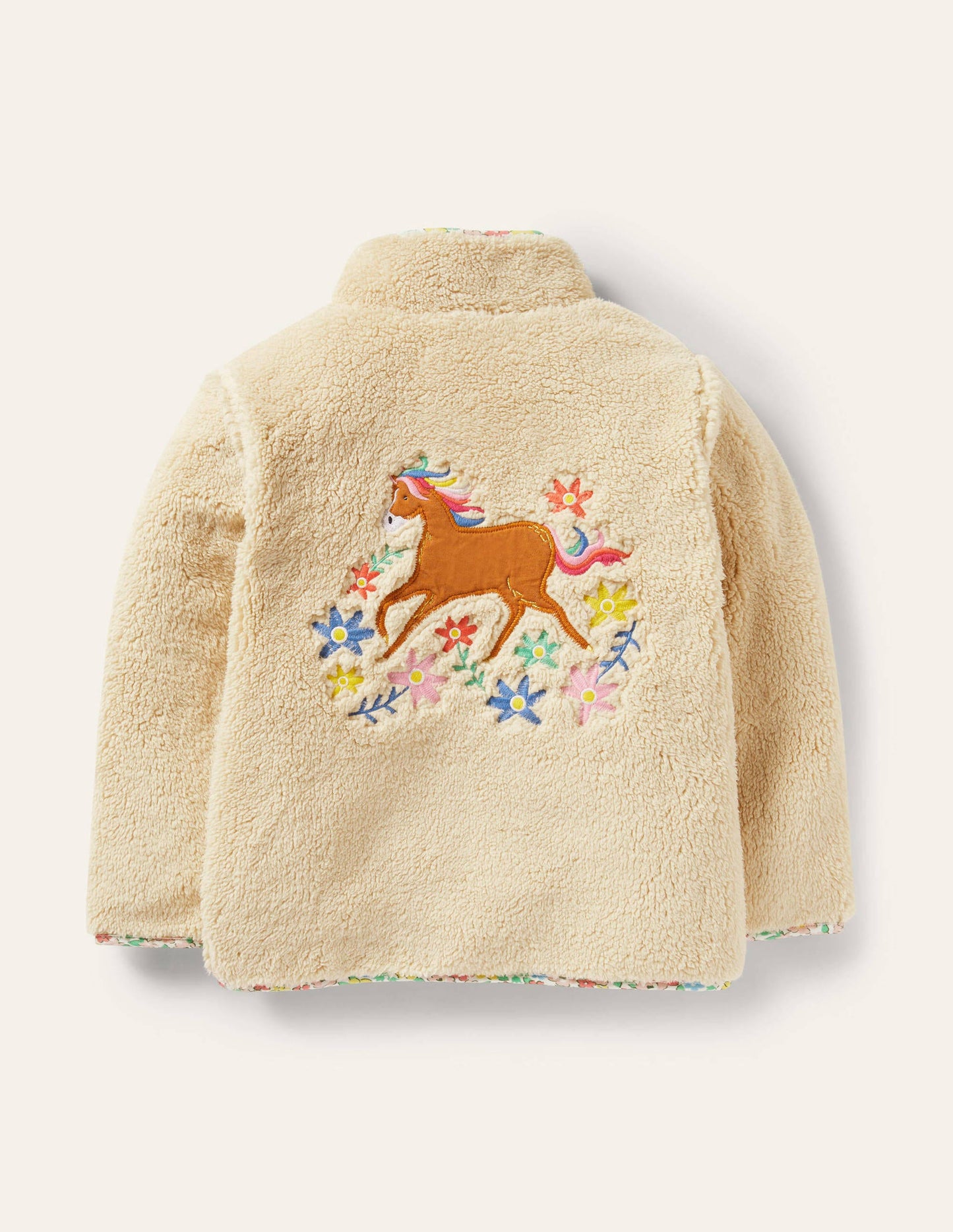 Teddy-Sweatshirt mit halbem Reißverschluss-Hellbeige, Pferdestickerei