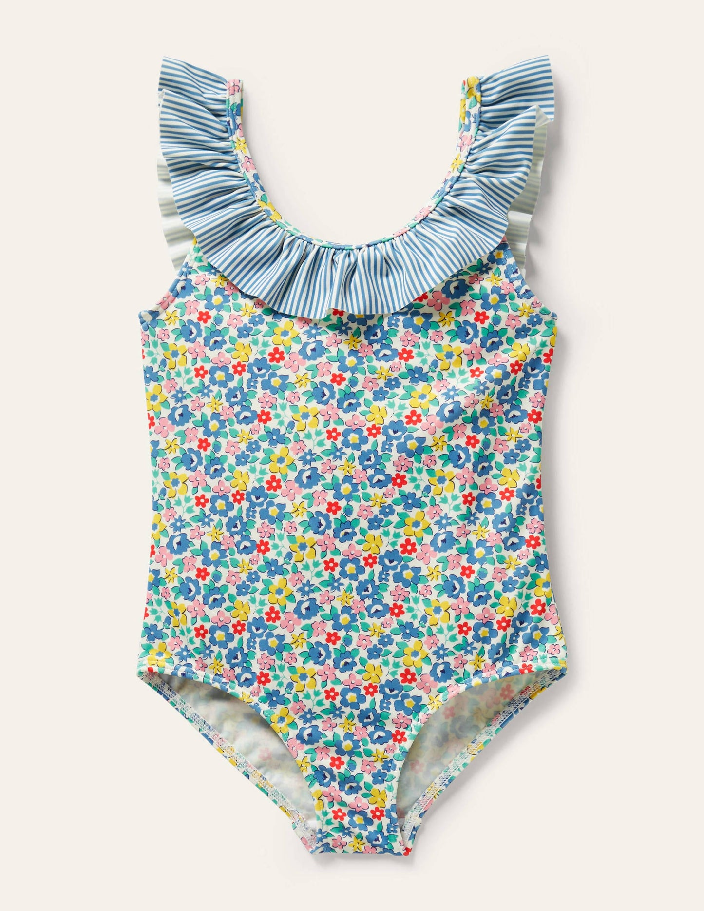 Badeanzug mit Rüschenkragen-Elisabethanisches Blau, Frühlingsblumen