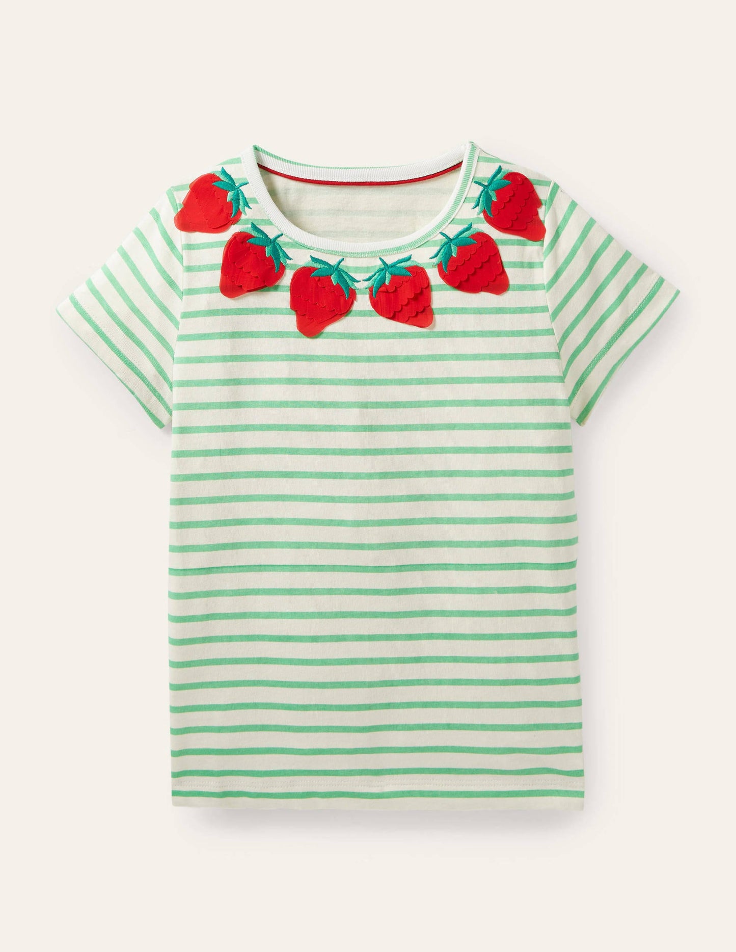 Gestreiftes T-Shirt mit Motiv-Naturweiß/Aloe-Vera-Grün, Erdbeeren