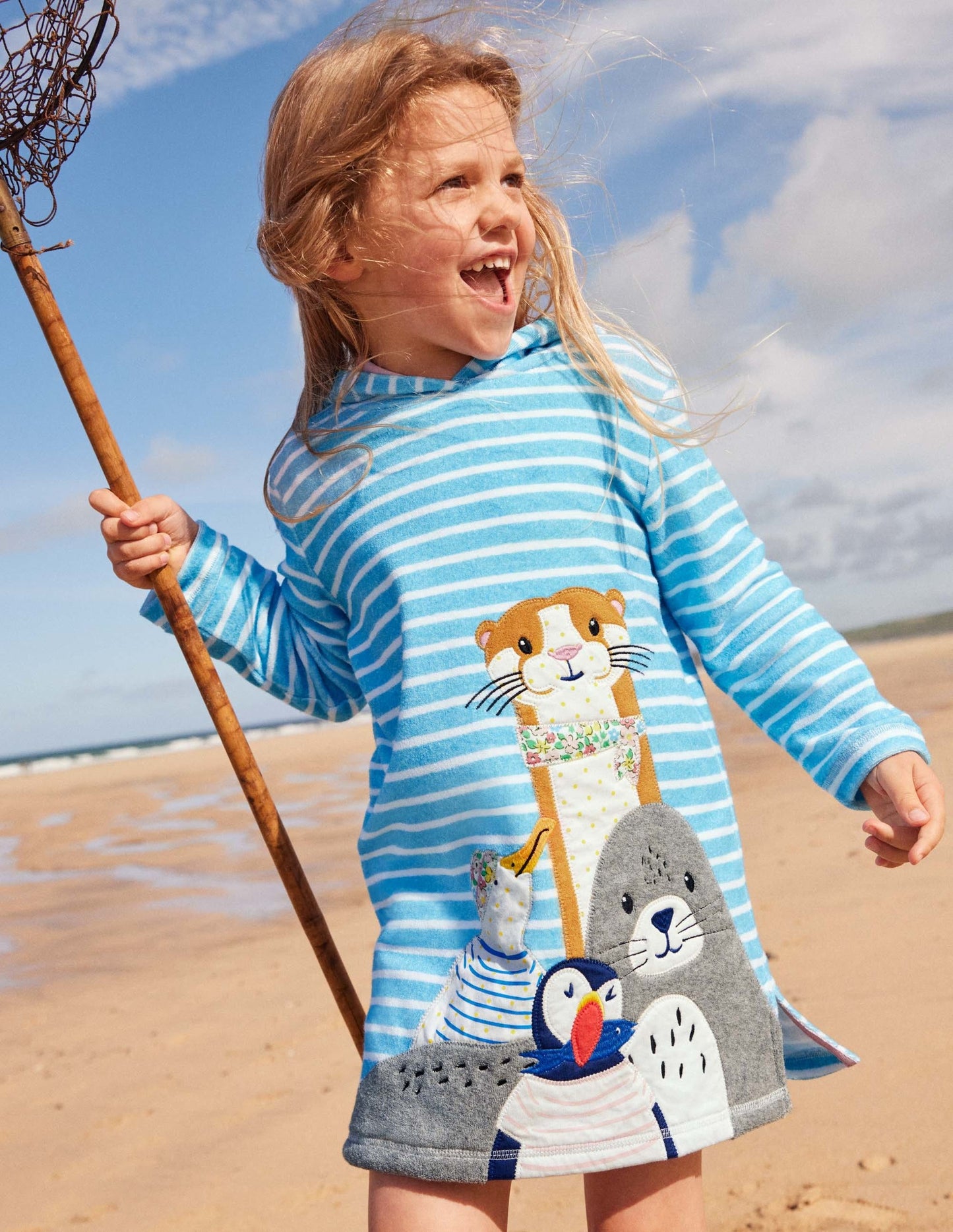 Frottee-Strandkleid mit Applikationen-Wasserblau/Naturweiß, Meeresfreunde