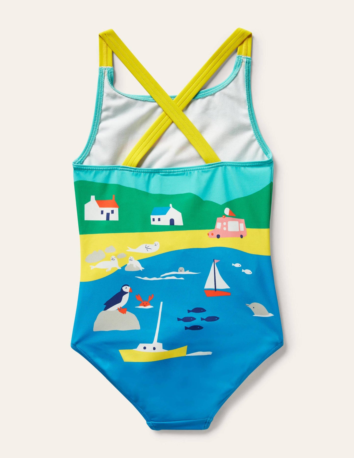 Maillot de bain imprimé croisé dans le dos-Paysage littoral multi