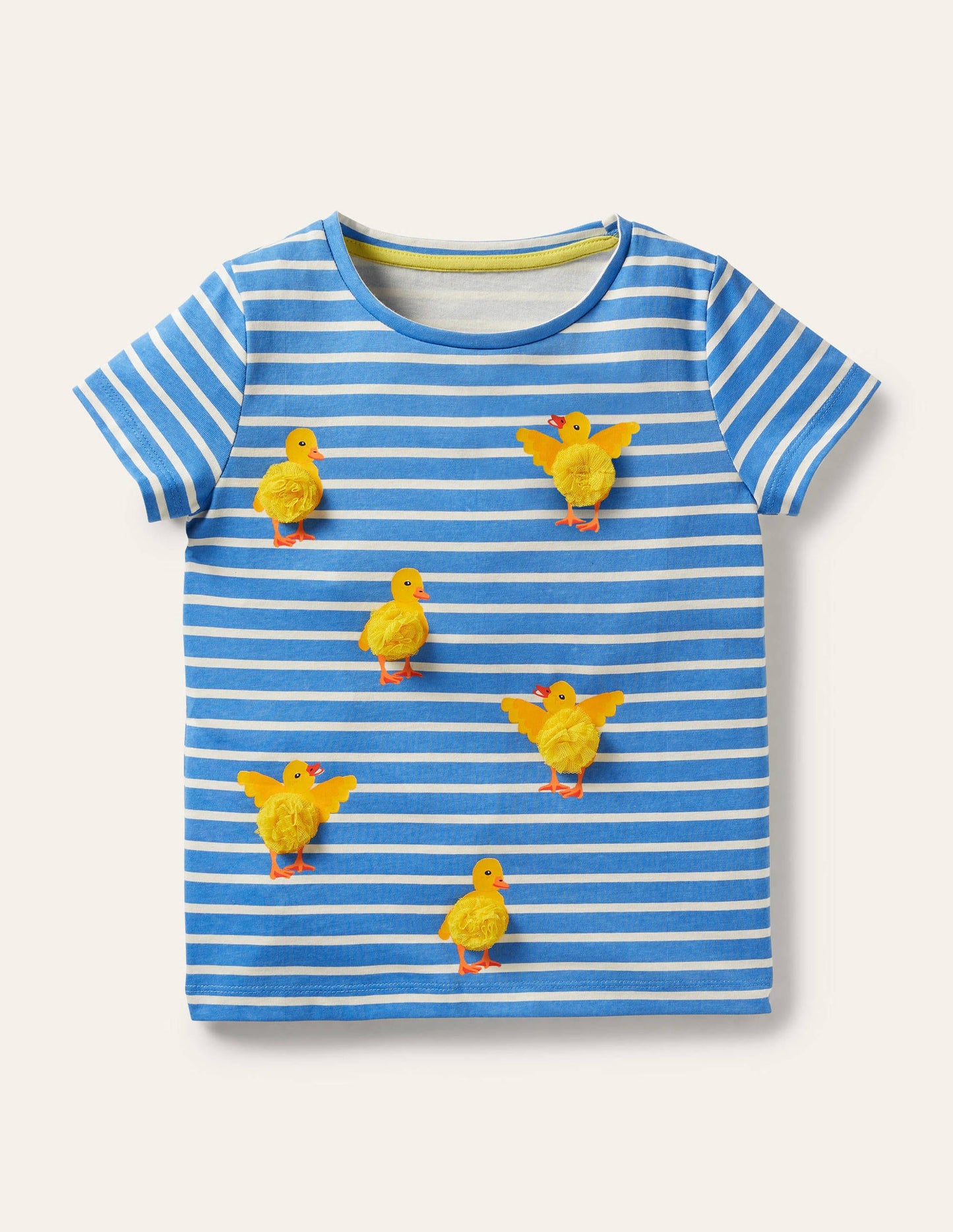 Gestreiftes T-Shirt mit Motiv-Helles Glockenblumenblau/Naturweiß, Küken