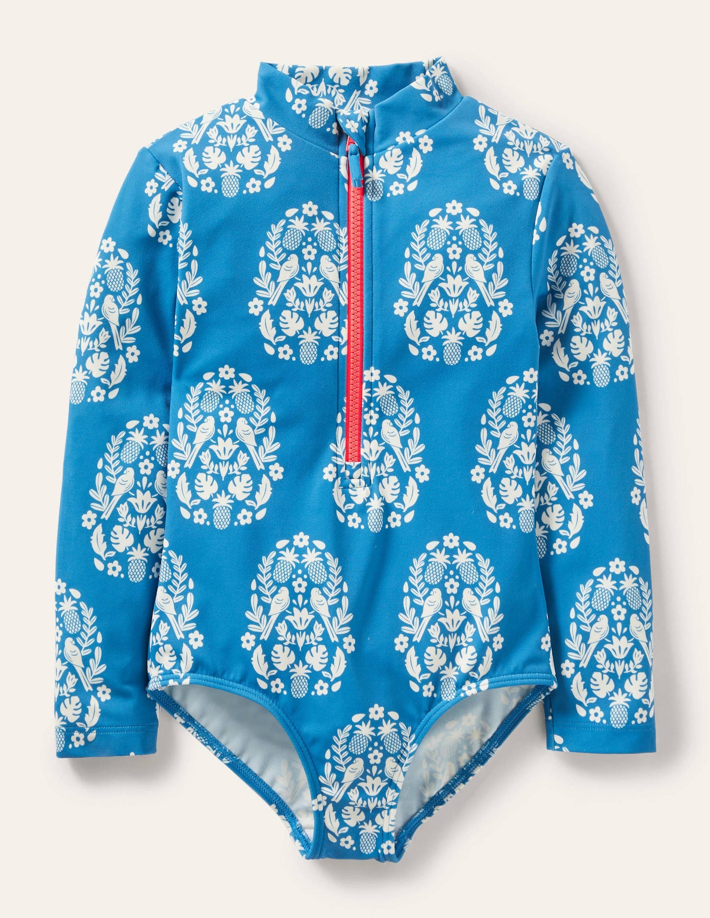 Maillot de bain à manches longues-Motif xylographique tropical bleu marina