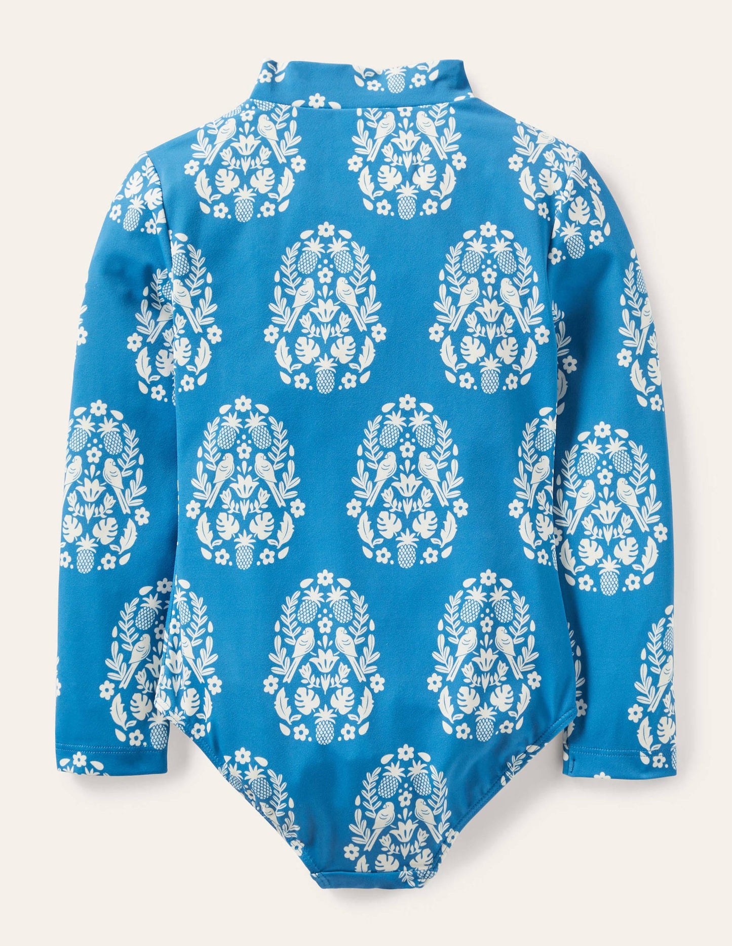Maillot de bain à manches longues-Motif xylographique tropical bleu marina