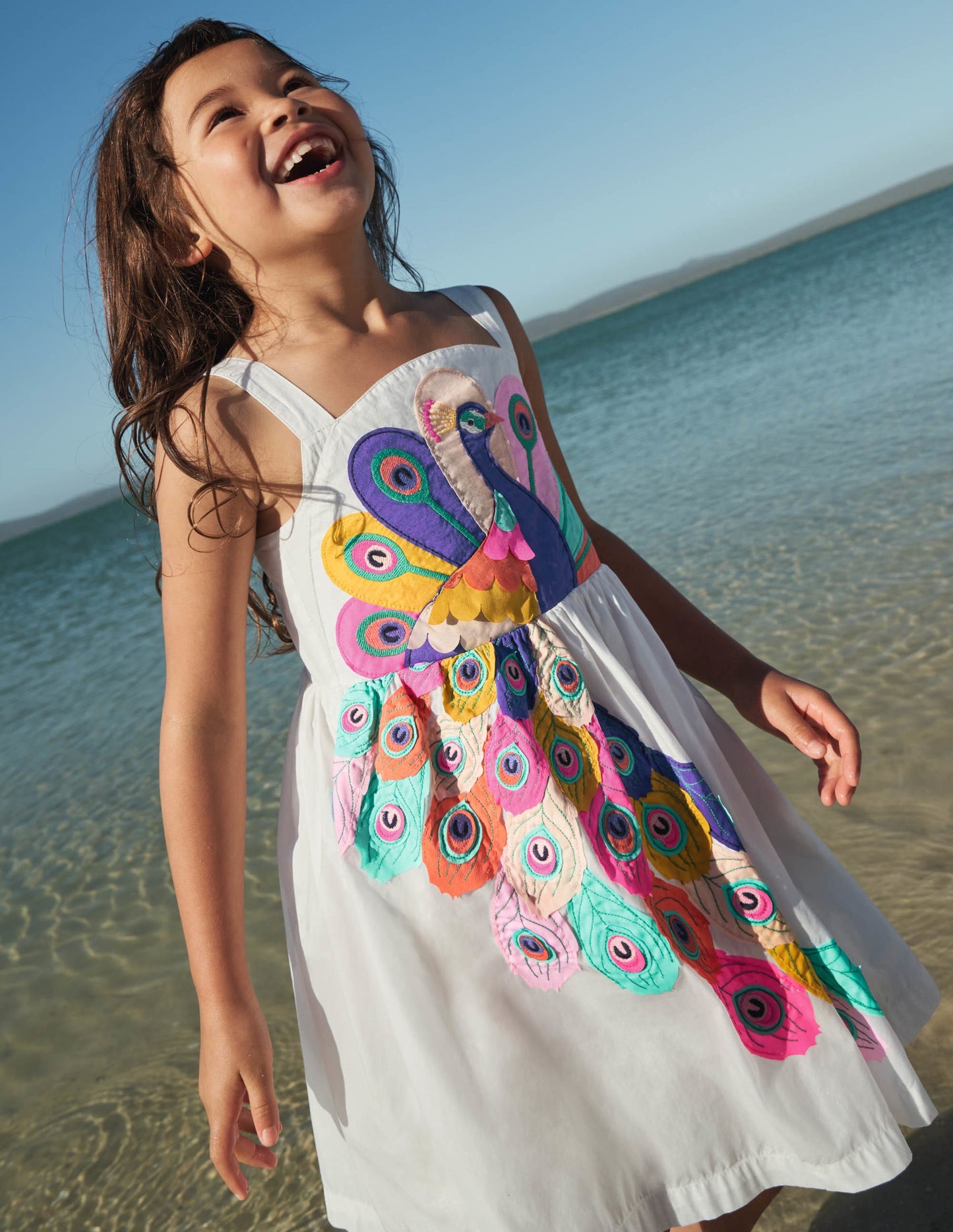 Kleid mit Pfau-Applikation-Naturweiß