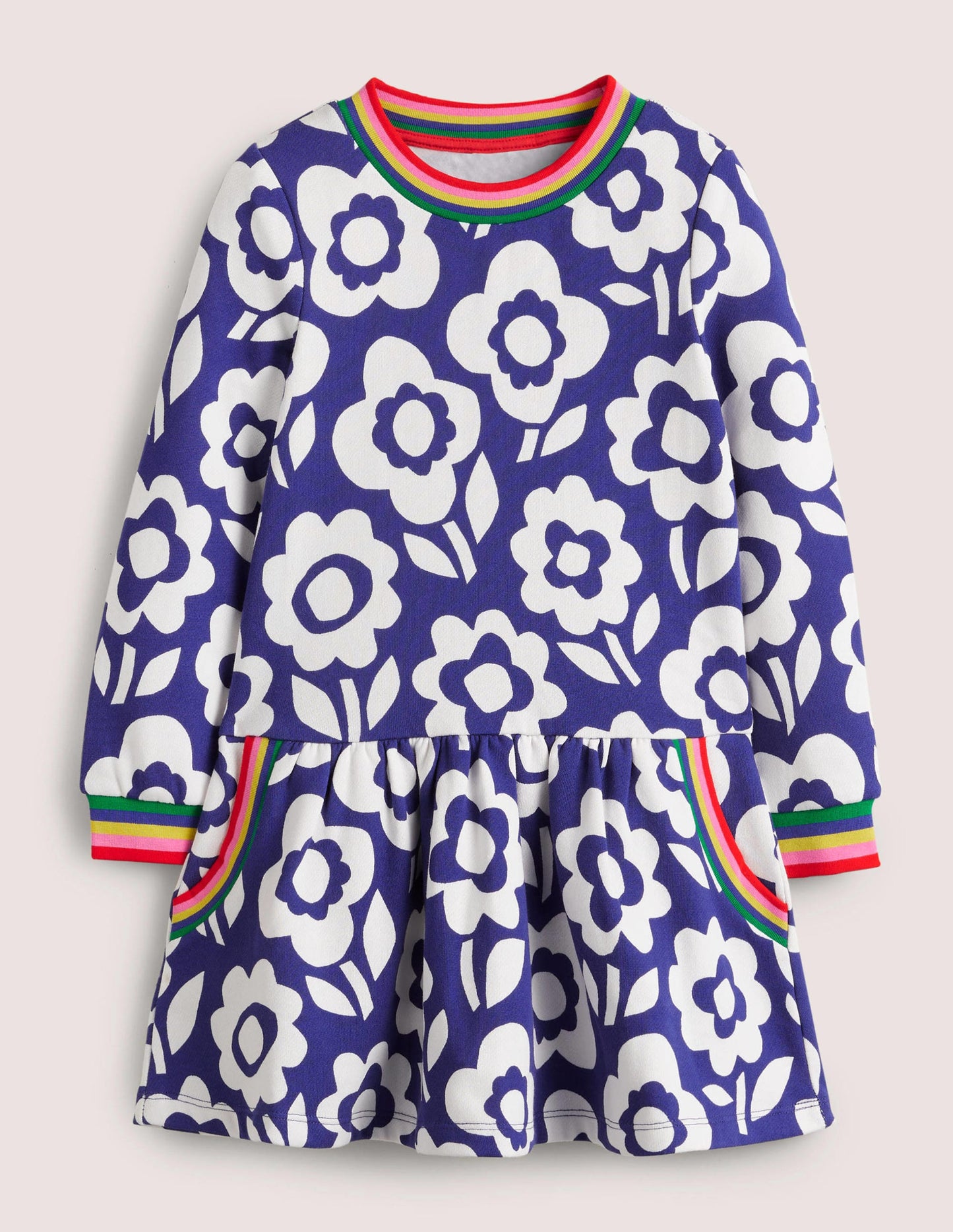 Gemütliches Sweatshirt-Kleid mit Muster-Stahlblau/Weiß, Blumenmuster/Regenbogen