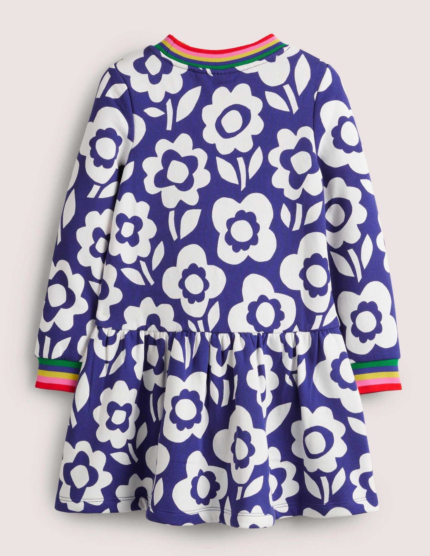 Gemütliches Sweatshirt-Kleid mit Muster-Stahlblau/Weiß, Blumenmuster/Regenbogen