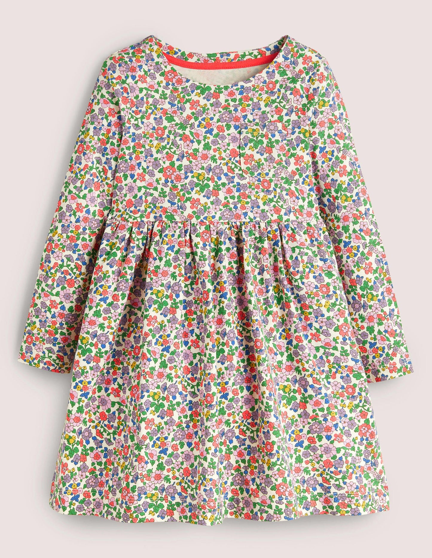 Fröhliches Jerseykleid mit langen Ärmeln-Naturweiß/Asternviolett, Blumenmuster