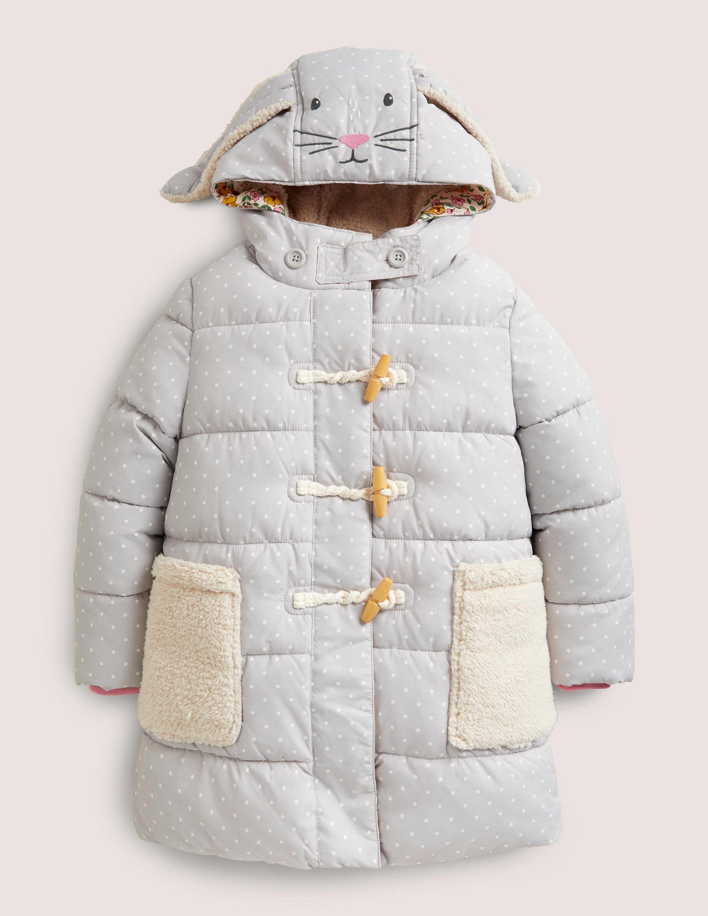 Grey Dotted Bunny Hood Longline Puffer Jacket-Schiefergrau, Pünktchen/Häschen