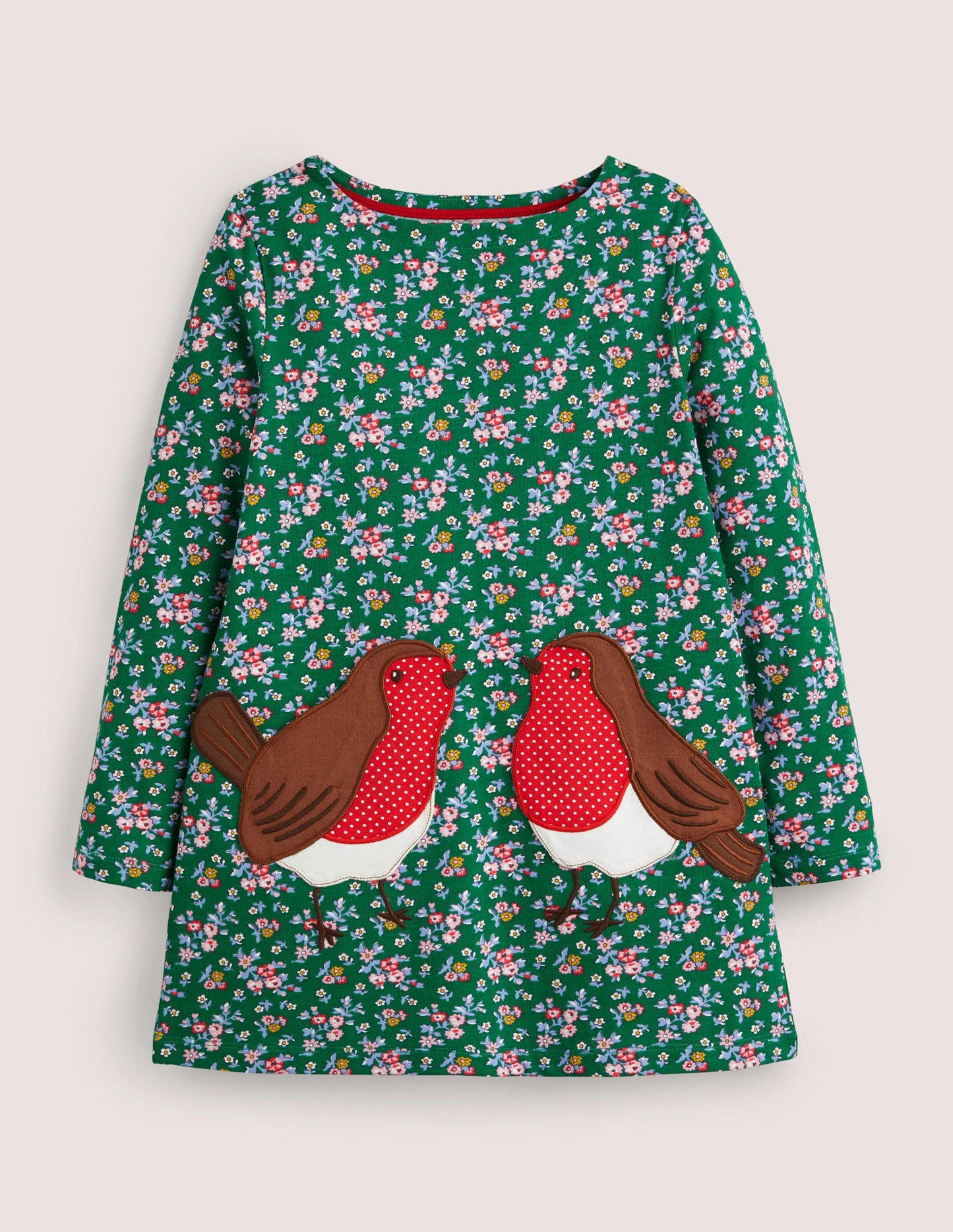 Jersey-Tunika mit Taschen-Waldgrün, Blumenmuster/Rotkehlchen