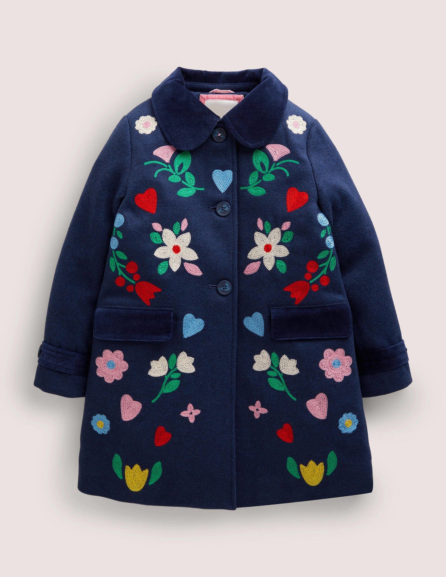 Navy Floral Hearts Embroidered Wool Coat-Schuluniform-Navy, Folklorestickerei