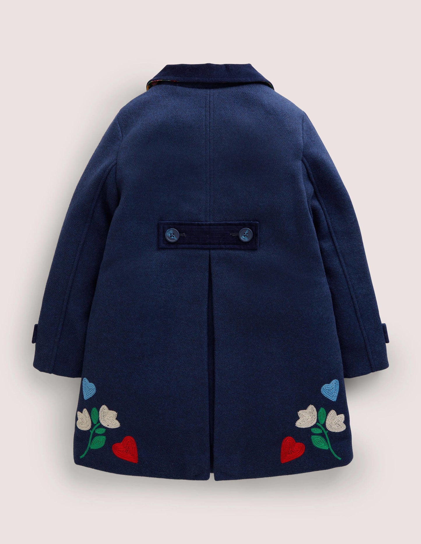 Navy Floral Hearts Embroidered Wool Coat-Schuluniform-Navy, Folklorestickerei