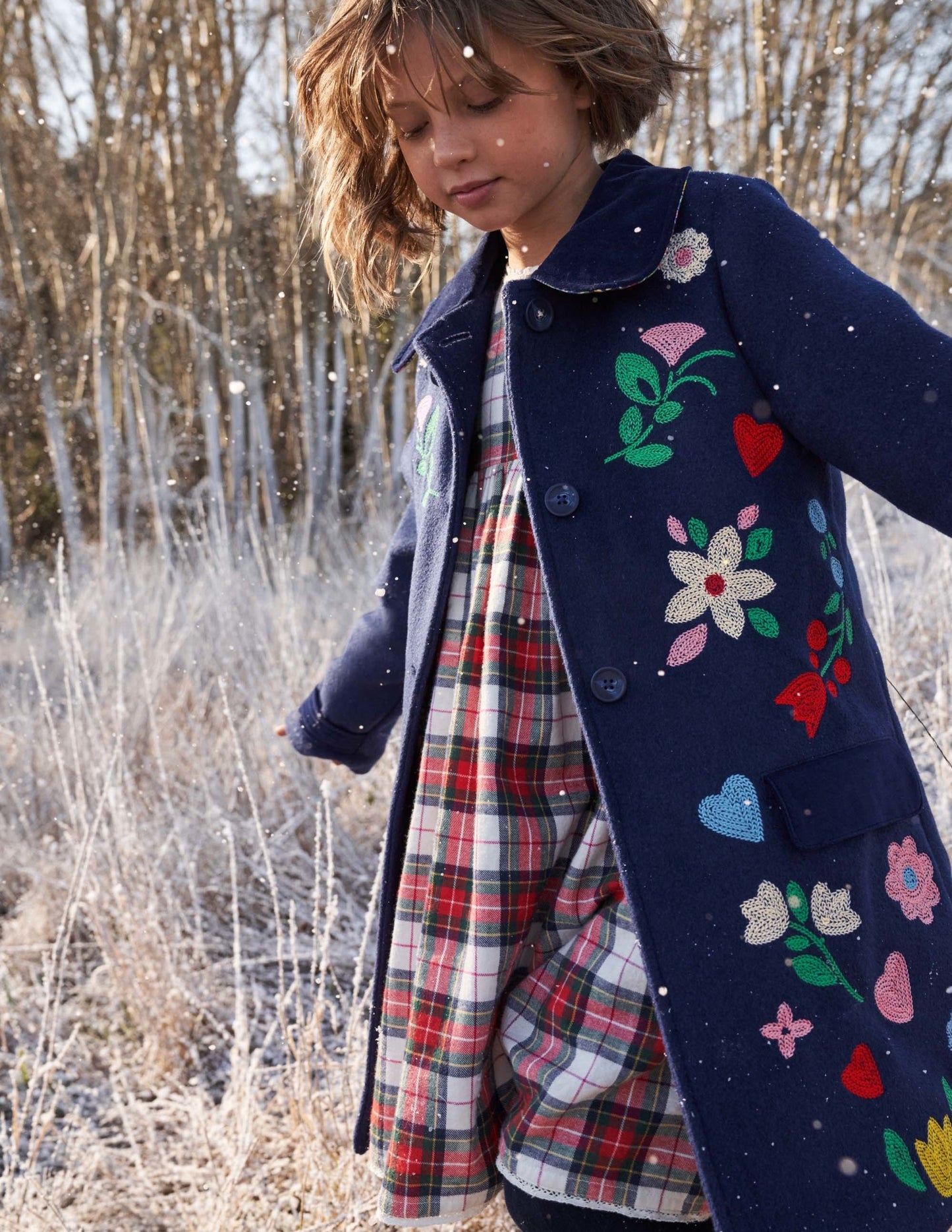 Navy Floral Hearts Embroidered Wool Coat-Schuluniform-Navy, Folklorestickerei