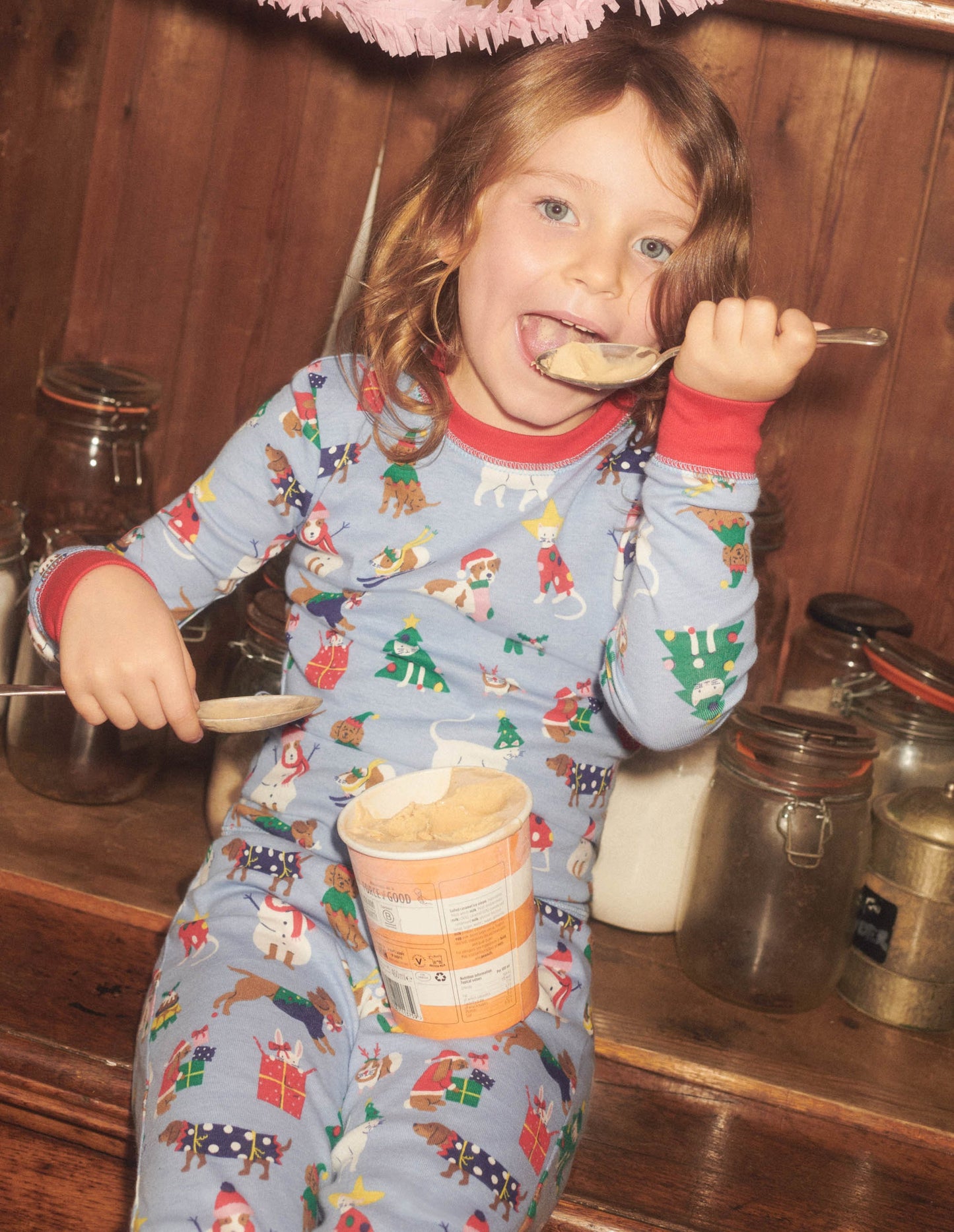 Langer Schlafanzug im 2er-Pack-Graublau, Festliche Tiere